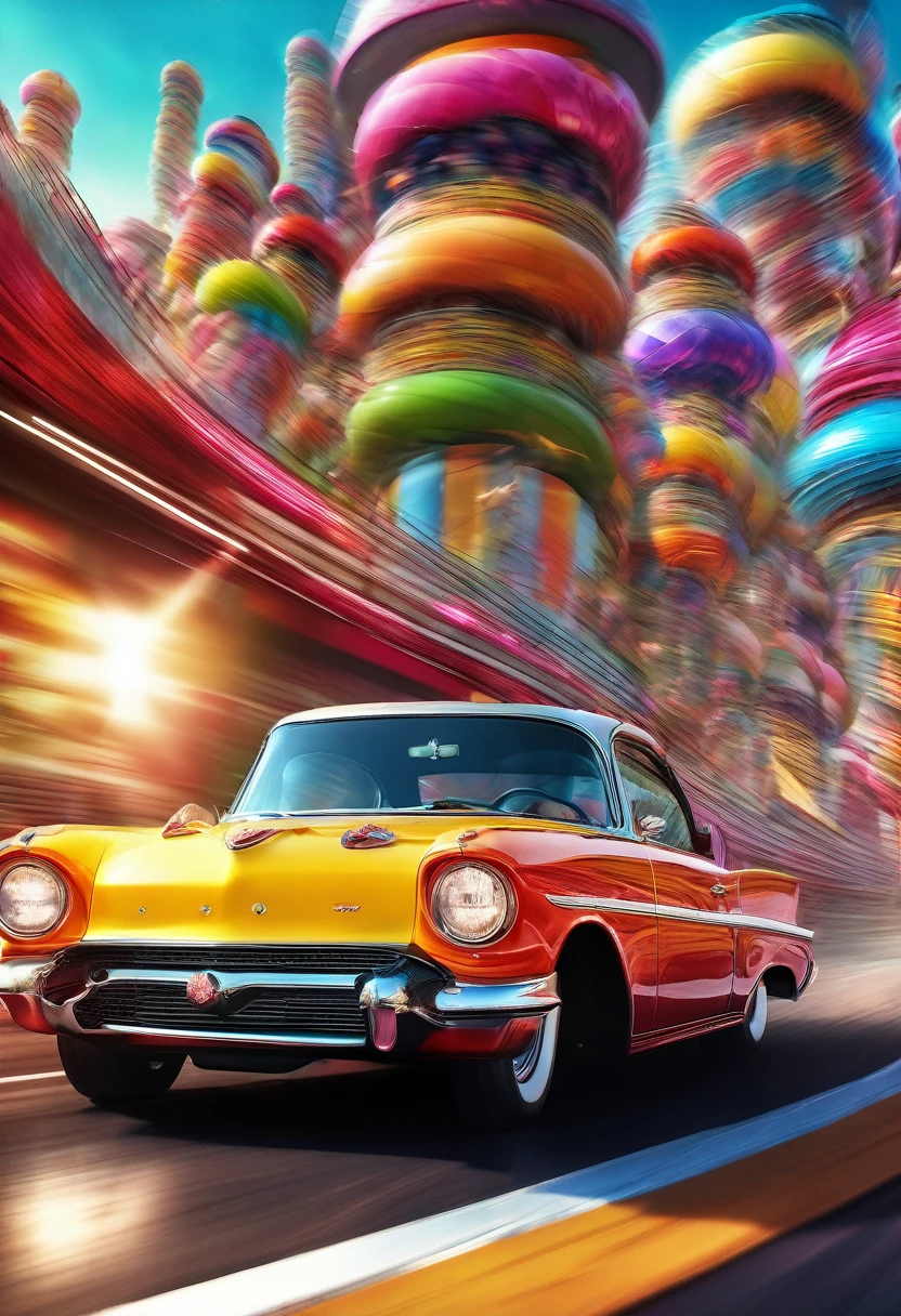 (Motion Blur:1.5), A happy granny in a vintage drag racing car speeding down the race track!. Fast and furious.  A_breathtaking masterpiece artwork by Android Jones, Alberto Seveso, Erin Hanson. maximalist highly detailed and intricate professional photography, a_masterpiece, 8k resolution concept art, Artstation, festive colors, Unreal Engine 5, cgsociety octane photograph, race track Scene!!! Candy art style! Whimsical playful colorful! candy!!! 🍬🍭 Candyland art!! “Hyperrealistic hyperdetailed highly detailed, digital illustration” postmodernism, artstation, poster art, dynamic lighting, cel-shaded, ray tracing reflections