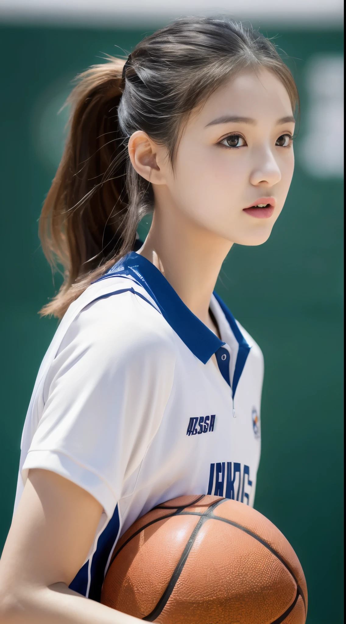 (4K、top-quality)、(realisitic、Photorealsitic)、(Yakian)、
1girl in、solo、(face to the viewer)、basketball、Basketball Uniforms、Indoor basketball court、Bun hair、
perfect hand、
finerly detailed face、shorth hair,20yr old、