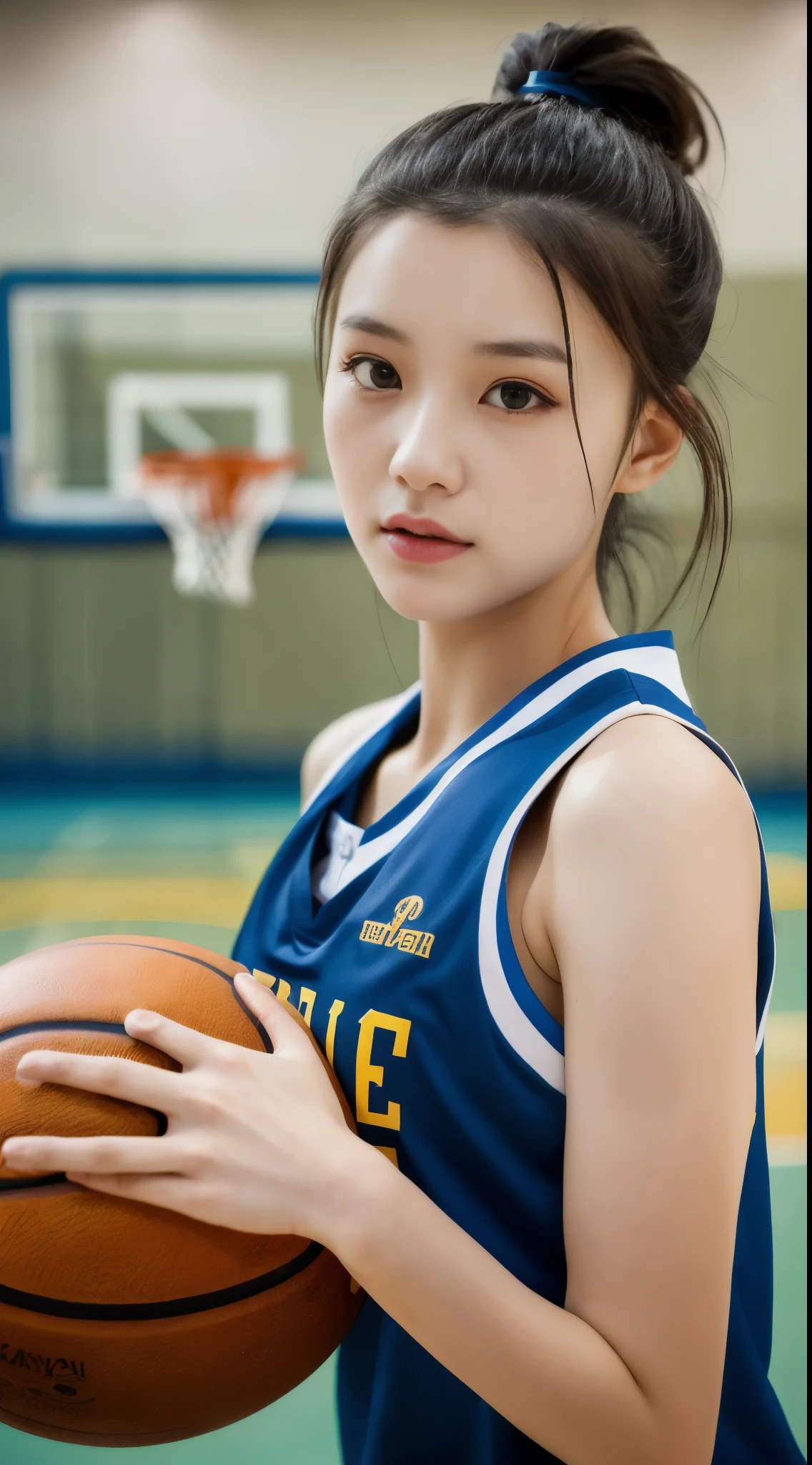 (4K、top-quality)、(realisitic、Photorealsitic)、(Yakian)、
1girl in、solo、(face to the viewer)、basketball、Basketball Uniforms、Indoor basketball court、Bun hair、
perfect hand、
finerly detailed face、shorth hair,20yr old、