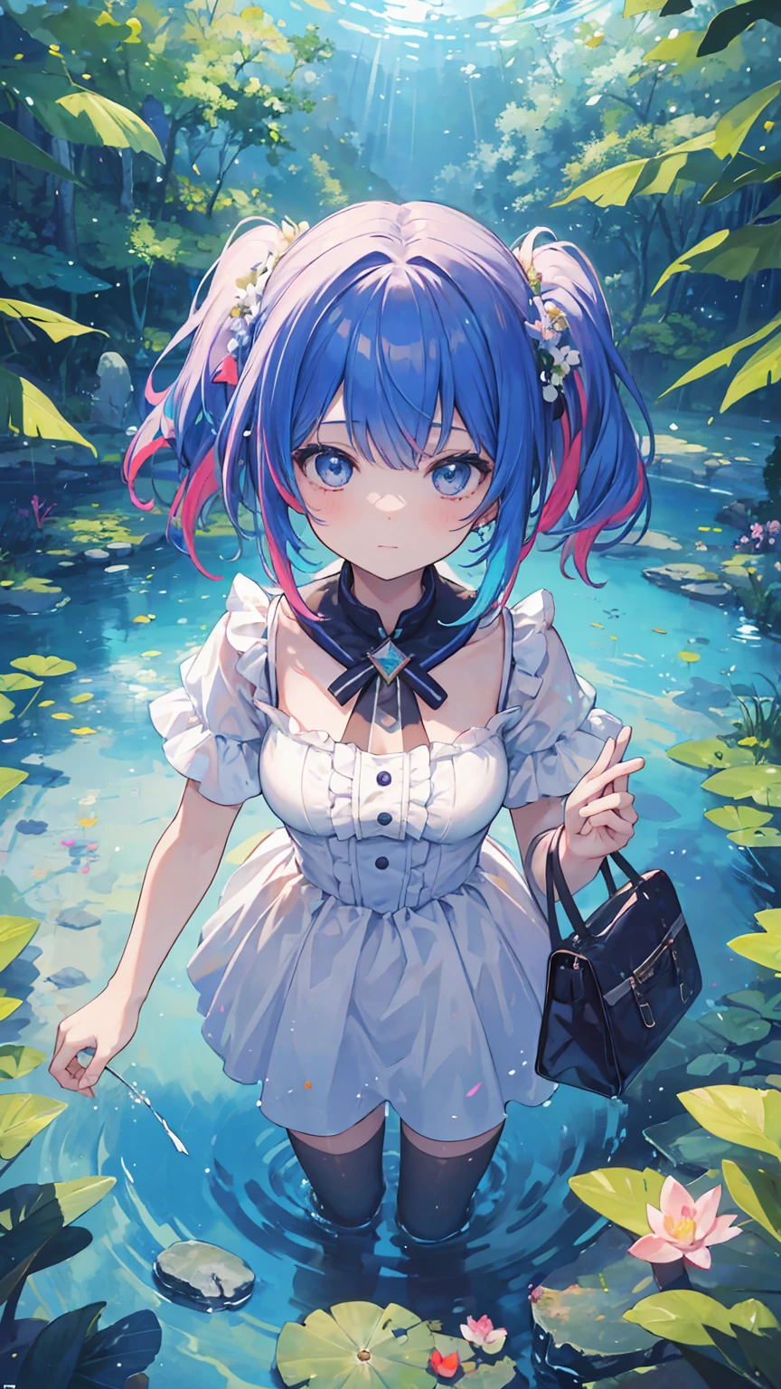 (masterpiece, best quality), (colorful:1.4), from above, solo, 1girl standing in a magical pond with shimmering water and a bag of enchanted stones, depth of field, fisheye lens
