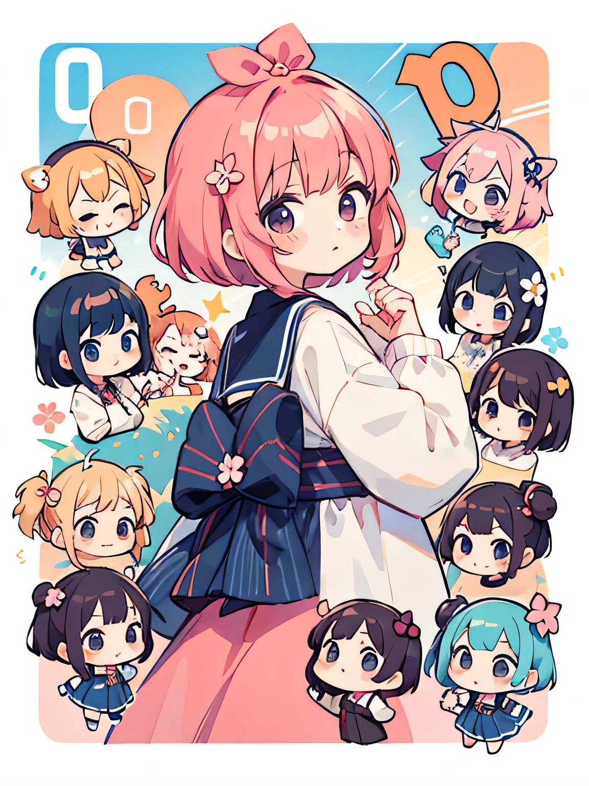 Momoko Sakura style, Kawaii Design, (((10 people)))、most beautiful girl ever、Chibi, Colorful bob hair、((Lots of friends))、We&#39;re all friends