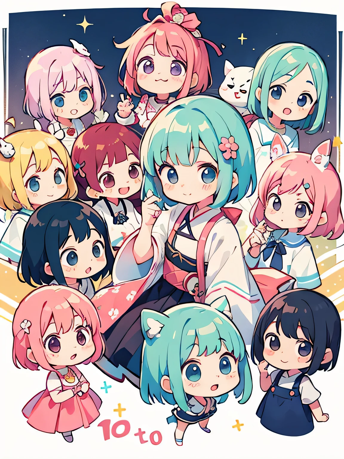 Momoko Sakura style, Kawaii Design, (((10 people)))、most beautiful girl ever、Chibi, Colorful bob hair、((Lots of friends))、We're all friends