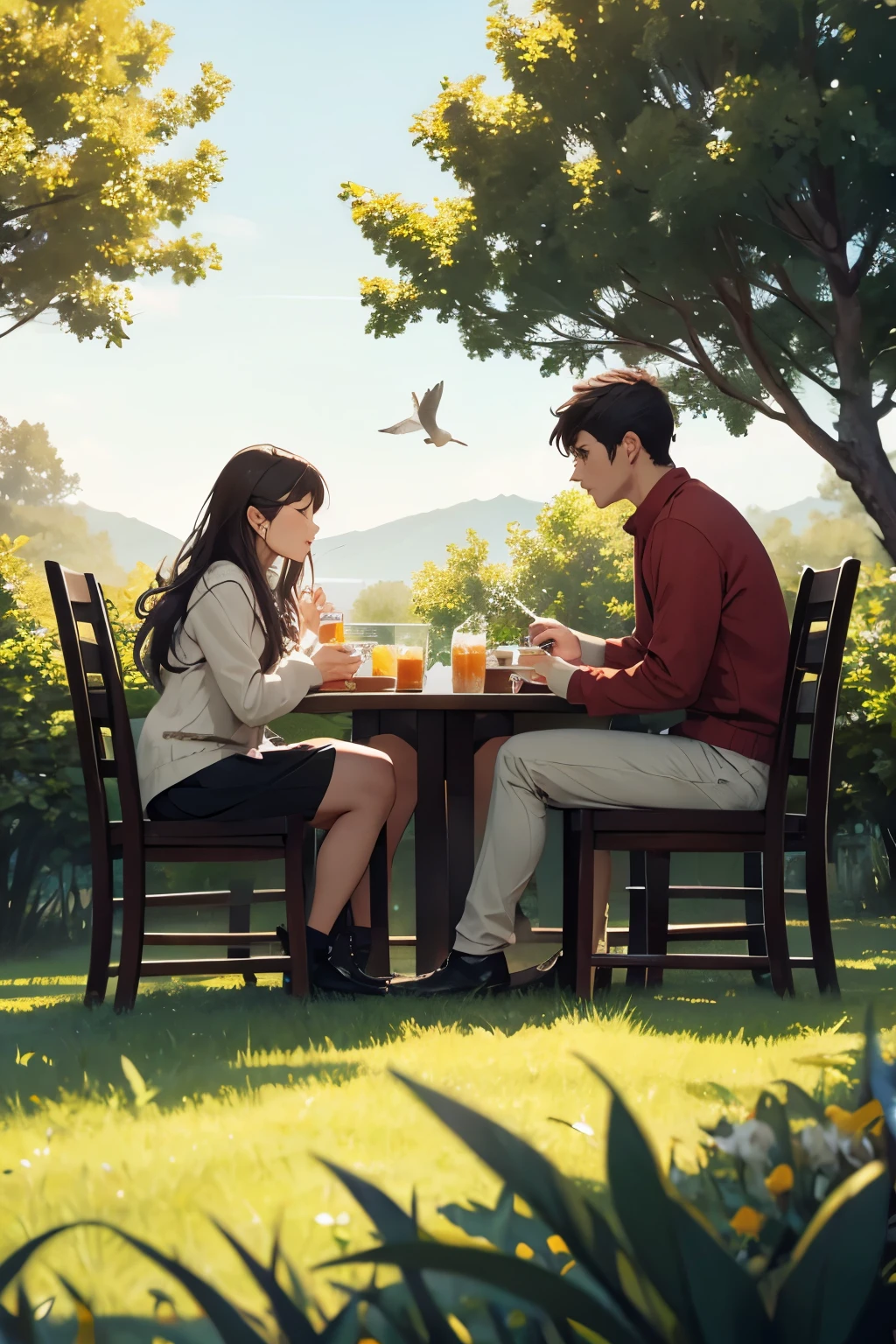 man and woman having breakfast on the grass with birds singing and the whisper of the wind