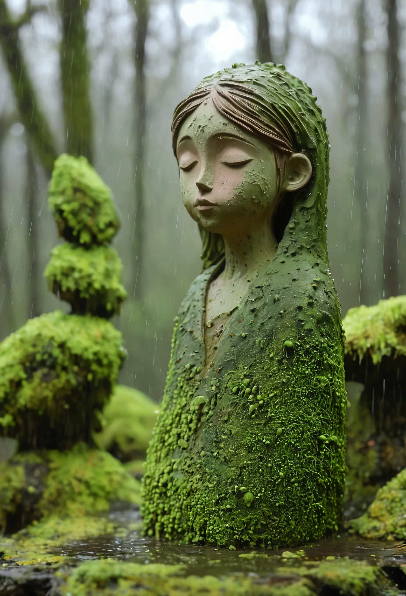 (masterpiece, best quality:1.2), Statue of the Virgin, child，color，Painted in earthy tones，With subtle patterns and textures，Invoking Ancient Wisdom. Focus on the face，With depth of field and bokeh effects. This is a high resolution image，Complex details，The background is dark，Soft lighting, style of. 
