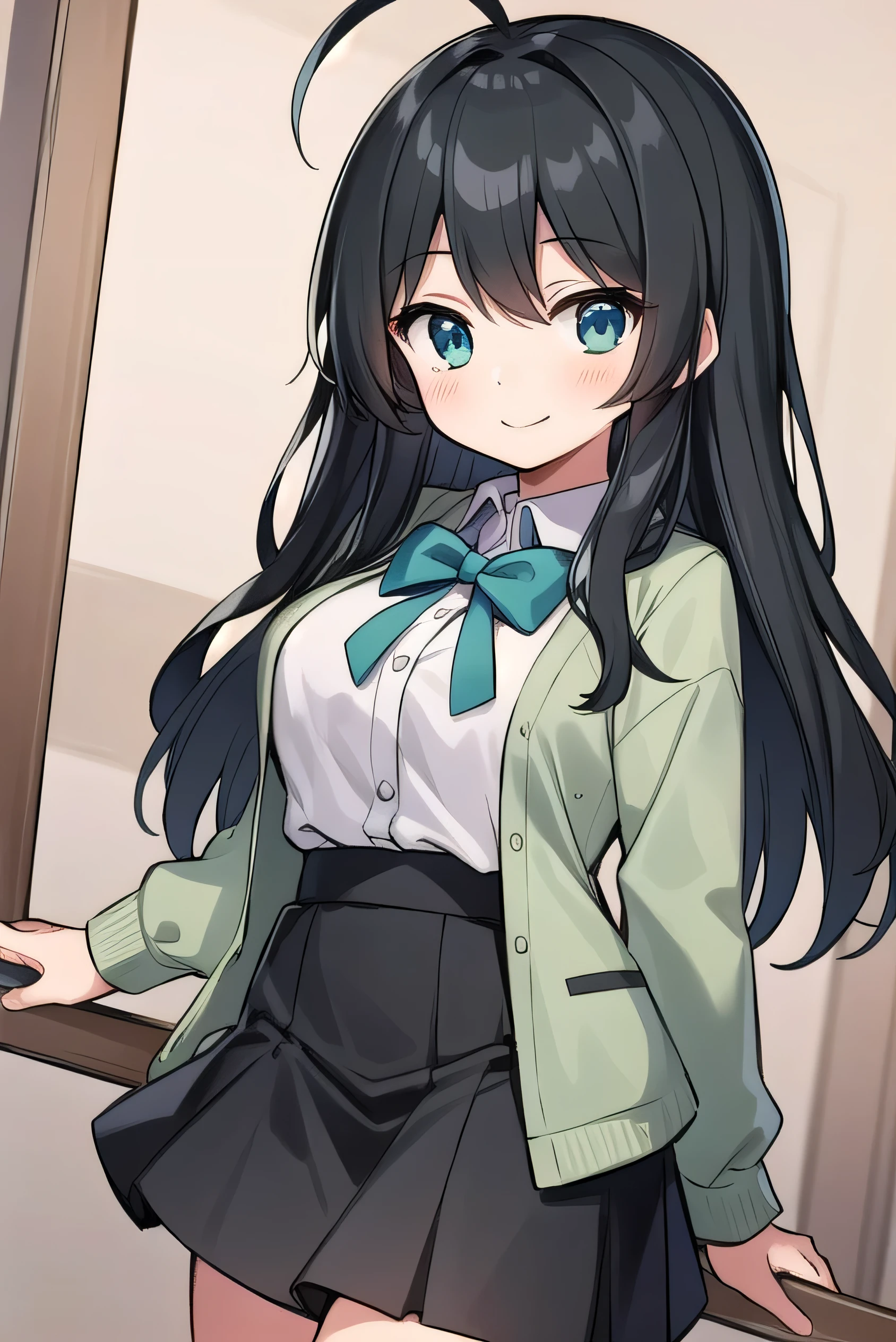 Junior high school student who looks like an elementary school student, , very short, 140 cm tall, black hair with a slight green tinge, short ahoge, beautiful long hair but with a little hair sticking out, beautiful round eyes, blue eyes, smile, boyish, long sleeves, Thick clothes, skirt, big breasts, hair longer than waist, long hair, childish face, gentle smile, a little shy, black skirt, black hair with a slight green tinge, boyish, gentle smile, jacket one size larger, ( Deep greenish black hair: 1.3)