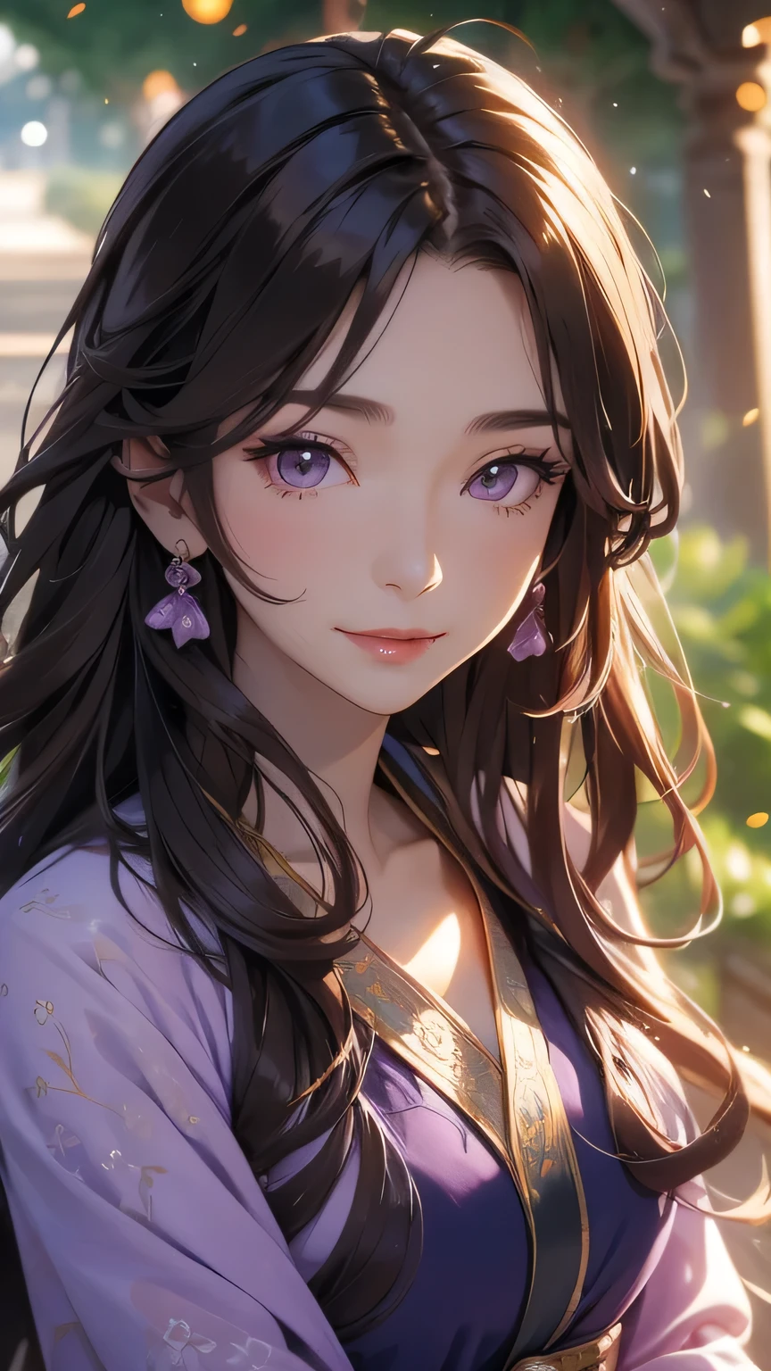 Middle-aged oriental woman, long light brown wavy hair, small violet eyes, discreet smile. In an oriental garden.