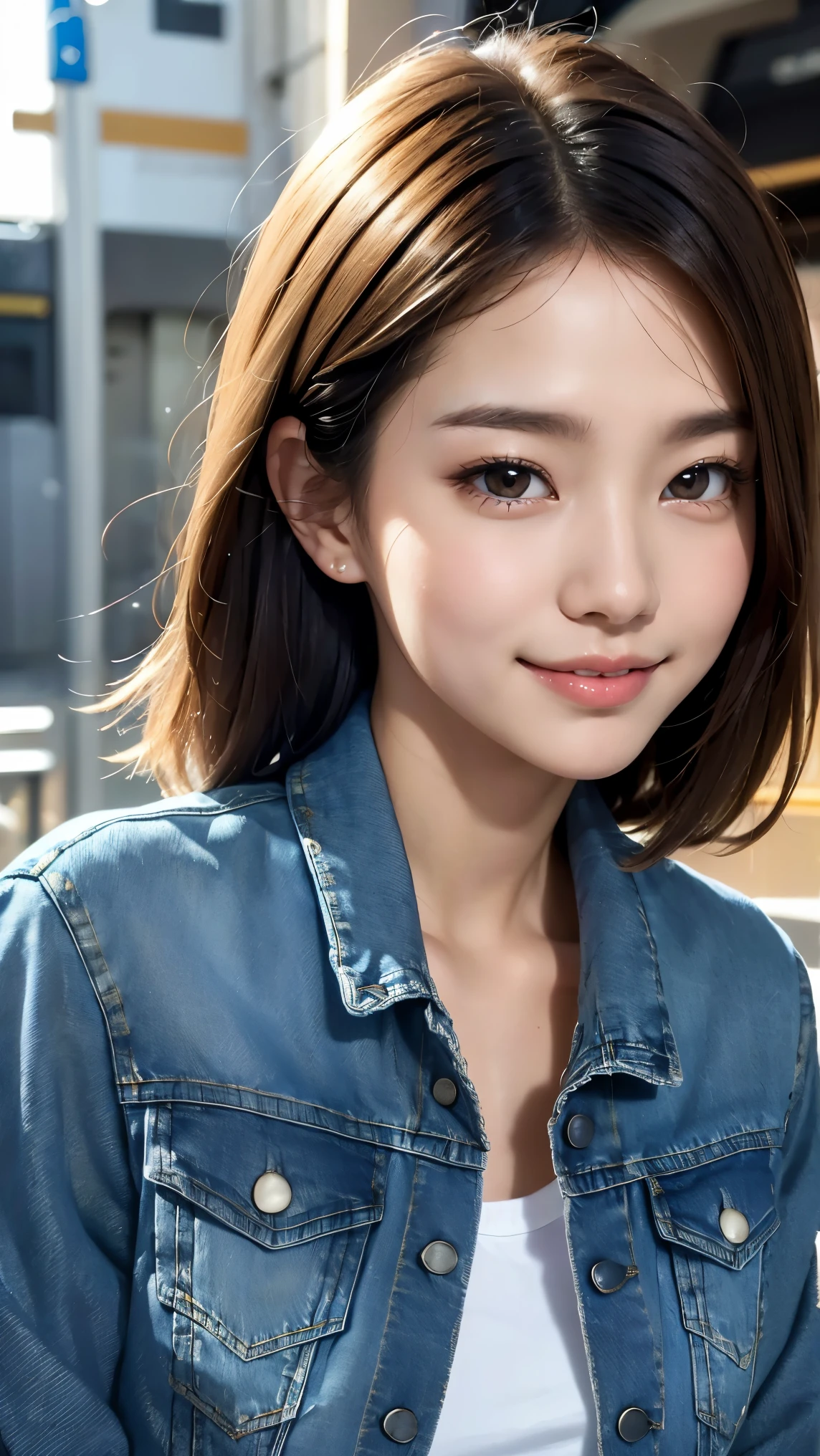 Realistic, masterpiece, highest quality, Highest Resolution, A portrait depicting only the upper body of a Japanese woman, A happy smile, slightly turned to the side, definitely looking at the audience, Beautifully detailed eyes, Dark Eyes, Sparkling eyes, (hidden creased eyelids:1.2), Thin eyebrows, Carefully draw eyelashes, Natural Makeup, middle hair, Silver Hair, Detailed face, (He&#39;s only wearing a denim jacket:1.3)