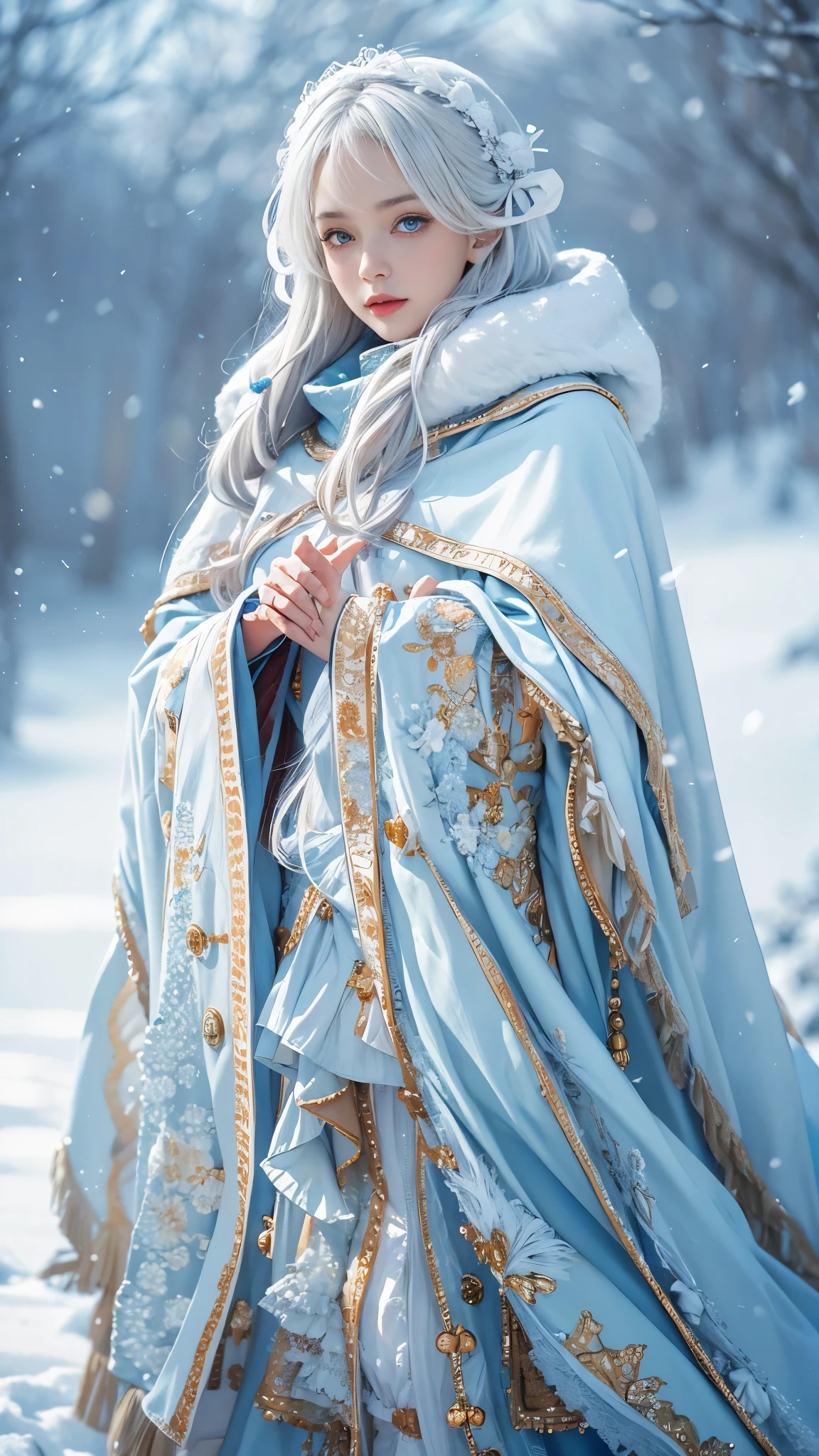 realisticlying, A high resolution, 1 Women, Alone, (ta costume),Gorgeous costumes attract the audience,upper part of body,upper legeautiful blue eyes, White hair, eye socket, (external,Oyuki,Cloak,blanketed in a mantle of snow),snow field