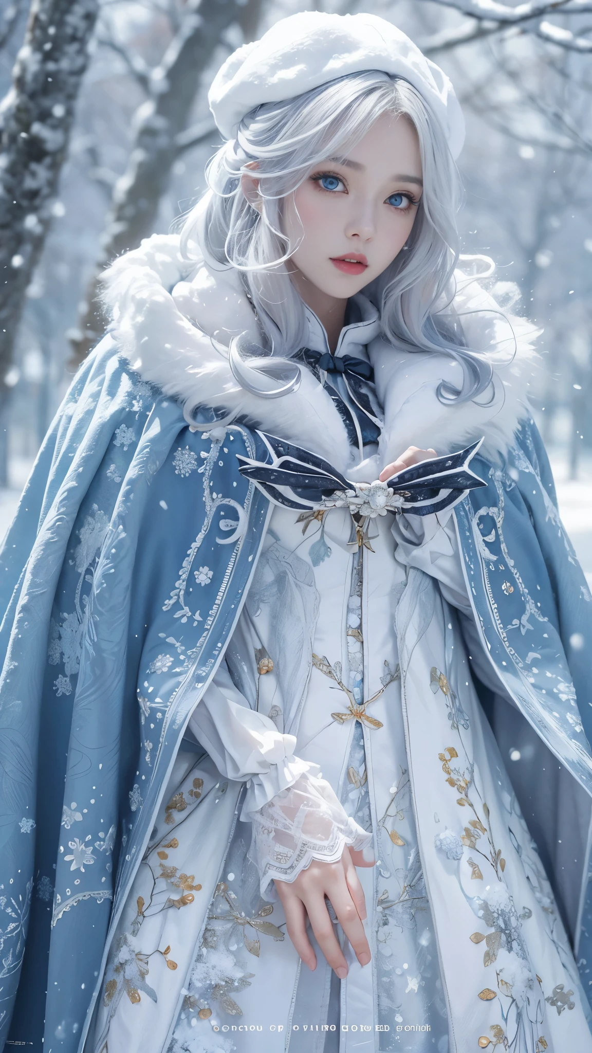 realisticlying, A high resolution, 1 Women, Alone, (Lolita costume),Gorgeous costumes attract the audience,upper part of body,upper legeautiful blue eyes, White hair, eye socket, (external,Oyuki,Cloak,blanketed in a mantle of snow),snow field