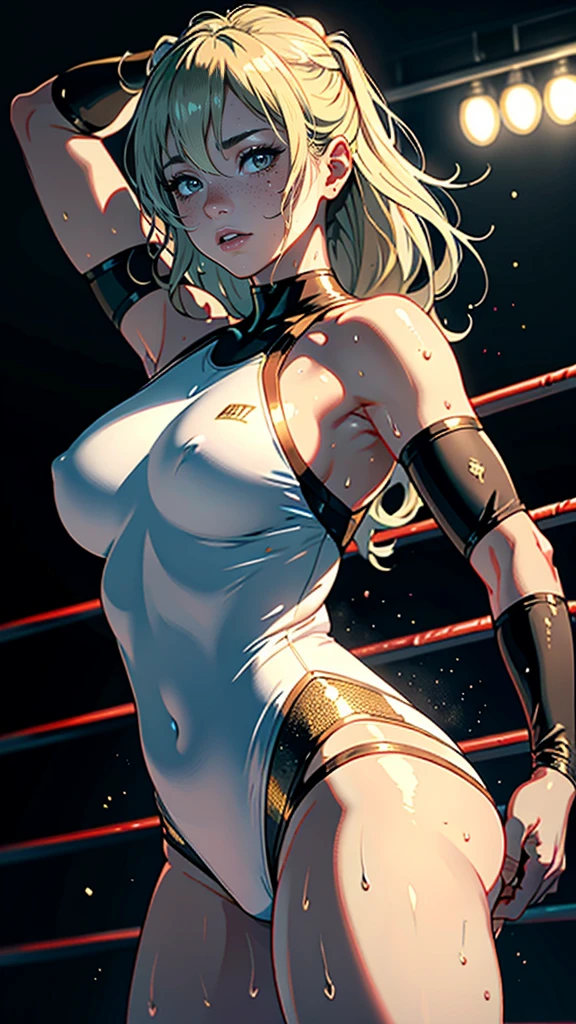 masterpiece, highest quality, (Highly detailed CG Unity 8k wallpaper), (highest quality), (Best illustrations), (Best Shadow), Confused, Realistic lighting, (abyss), Beautiful and delicate shine,victory,Random Pause,((Bare skin wet with sweat,Female professional wrestler)),Cute freckles on the cheeks,Mole under left eye,Cowboy Shot,Hair wet with sweat,A leotard-type wrestling costume with gorgeous decorations,pain,suffering,ring,Plump,Villain wrestler,Dyeing her hair blonde,