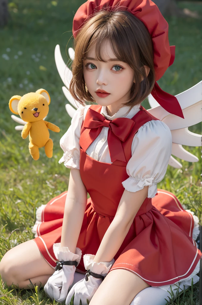 masterpiece, best quality, mackerel, kinomoto sakura, 1 woman, brown hair, short hair, Antenna hair, red headwear, green eyes, flounce, red dress, puffy short sleeves, white gloves, red bow, white thighs, wing, field, :o, wariza, grass, kero