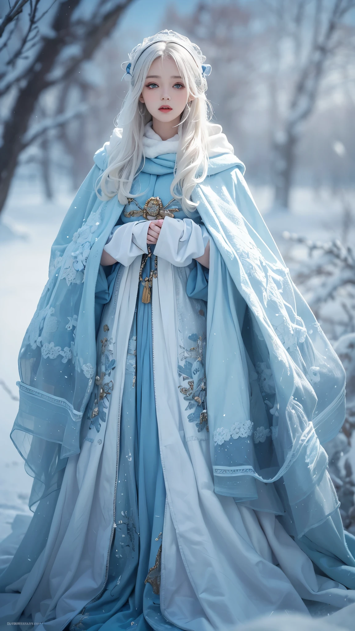 realisticlying, A high resolution, 1 Women, Alone, (Lolita costume),Gorgeous costumes attract the audience,upper part of body,upper legeautiful blue eyes, White hair, eye socket, (external,Oyuki,Cloak,blanketed in a mantle of snow),snow field