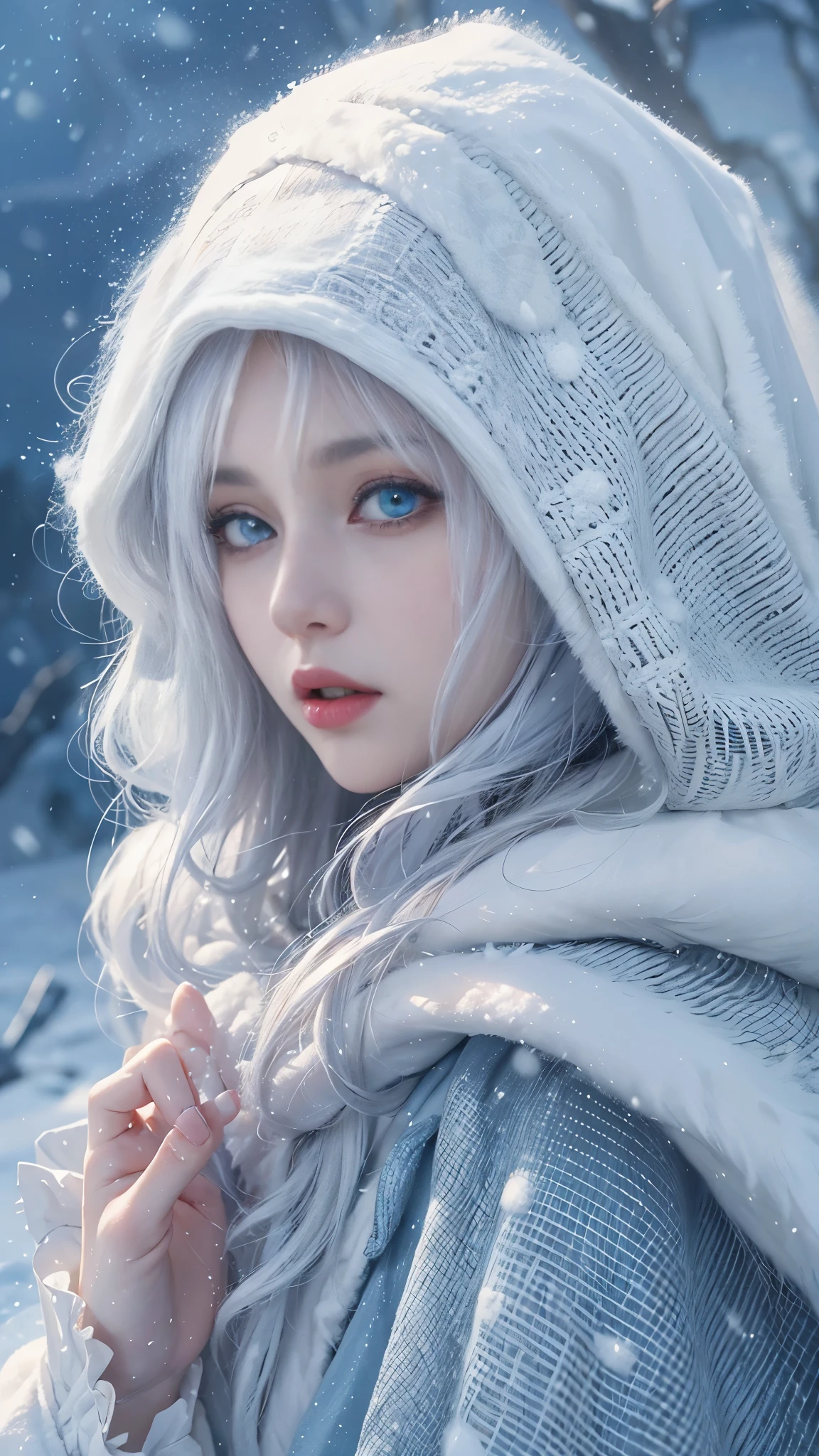 realisticlying, A high resolution, 1 Women, Alone, (Lolita costume),Gorgeous costumes attract the audience,upper part of body,upper legeautiful blue eyes, White hair, eye socket, (external,Oyuki,Cloak,blanketed in a mantle of snow),snow field