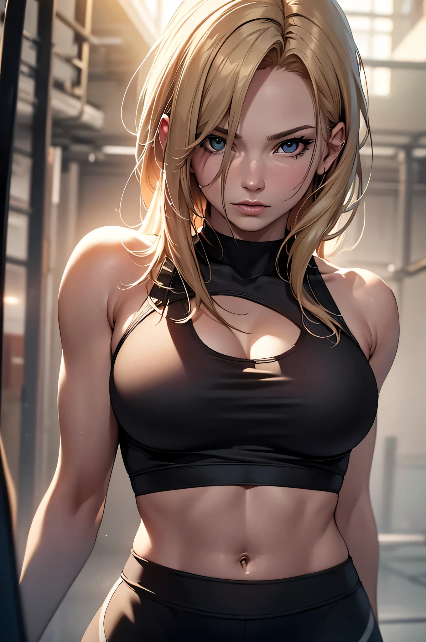 (best quality,4k,8k,highres,masterpiece:1.2),ultra-detailed,(realistic,photorealistic,photo-realistic:1.37) beautiful blond girl in the gym with a tank top and spandex, slim body