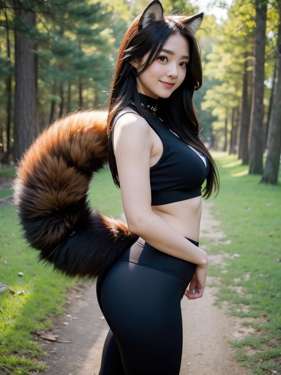 ((Highest quality)), ((masterpiece)), (be familiar with), Perfect Face, Fox Woman, Beautiful woman, public, It has a tail, She has a fluffy tail, She has a northern fox tail, She shows her tail, smile, fur collar, She wears leggings, Big , Thick thighs