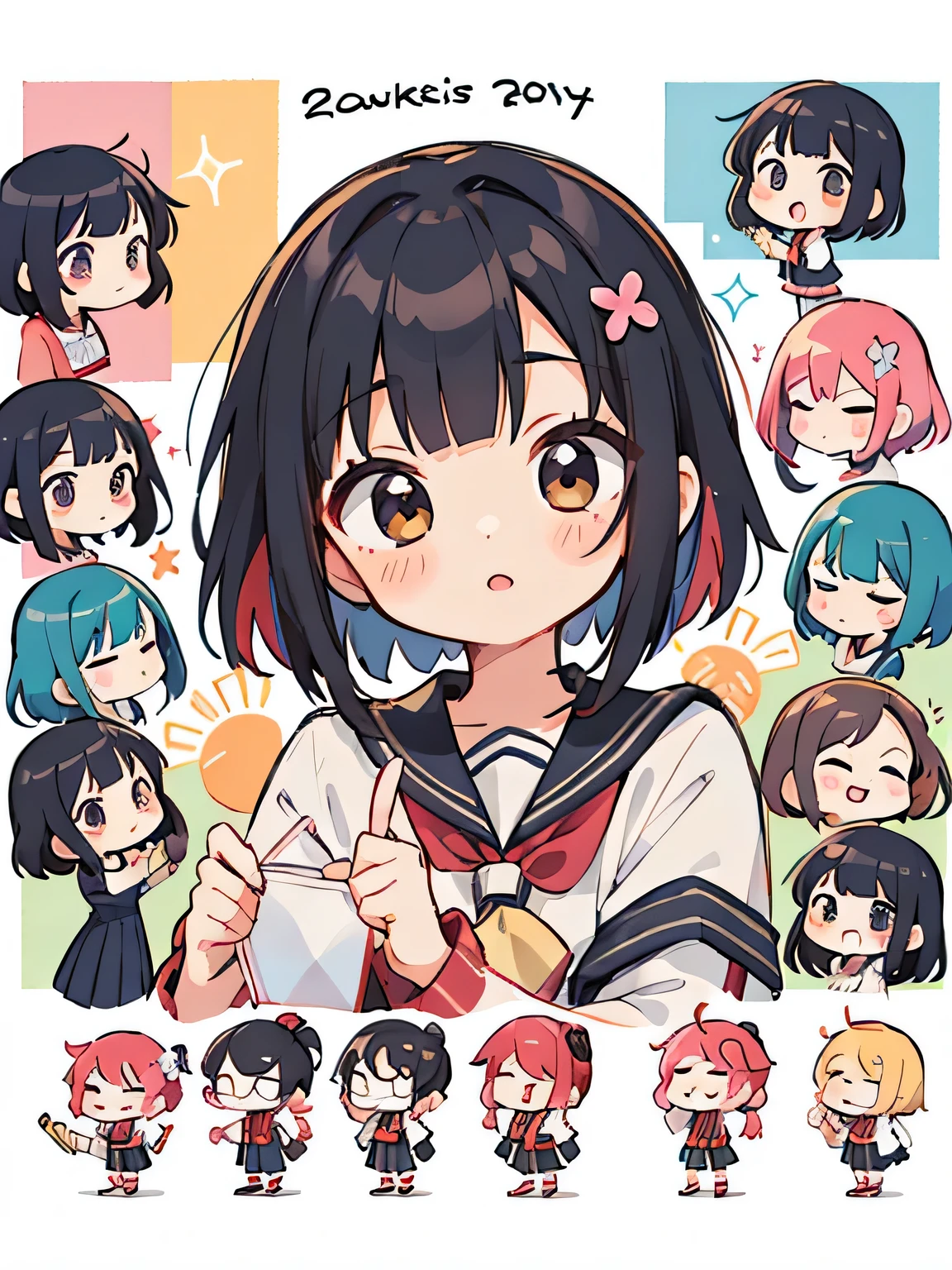 Momoko Sakura style, Kawaii Design, (((20 people)))、most beautiful girl ever、(((Chibi))), Colorful bob hair、((Lots of friends))、primary school、Study session together