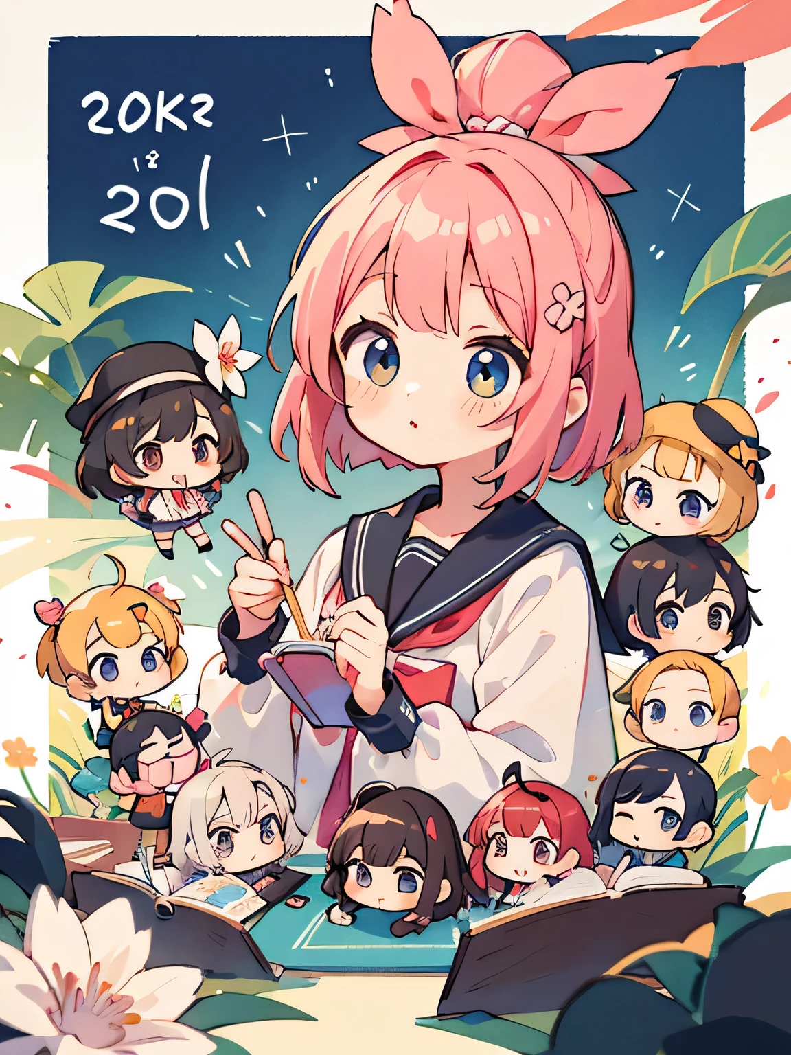 Momoko Sakura style, Kawaii Design, (((20 people)))、most beautiful girl ever、(((Chibi))), Colorful bob hair、((Lots of friends))、primary school、Study session together