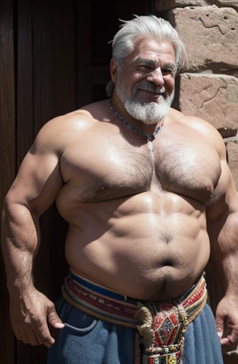 Un gladiador inca cholo de cuerpo completo, smiling standing sweaty old man with gray hair extremely muscular and extremely fat over 70 years old, weighing over 600 pounds with extremely large, sagging, very muscular, very hairy pecs with gynecomastia Dark, pointed nipples. en un paisaje de la cordillera de los Andes peruanos con un taparrabos de lino