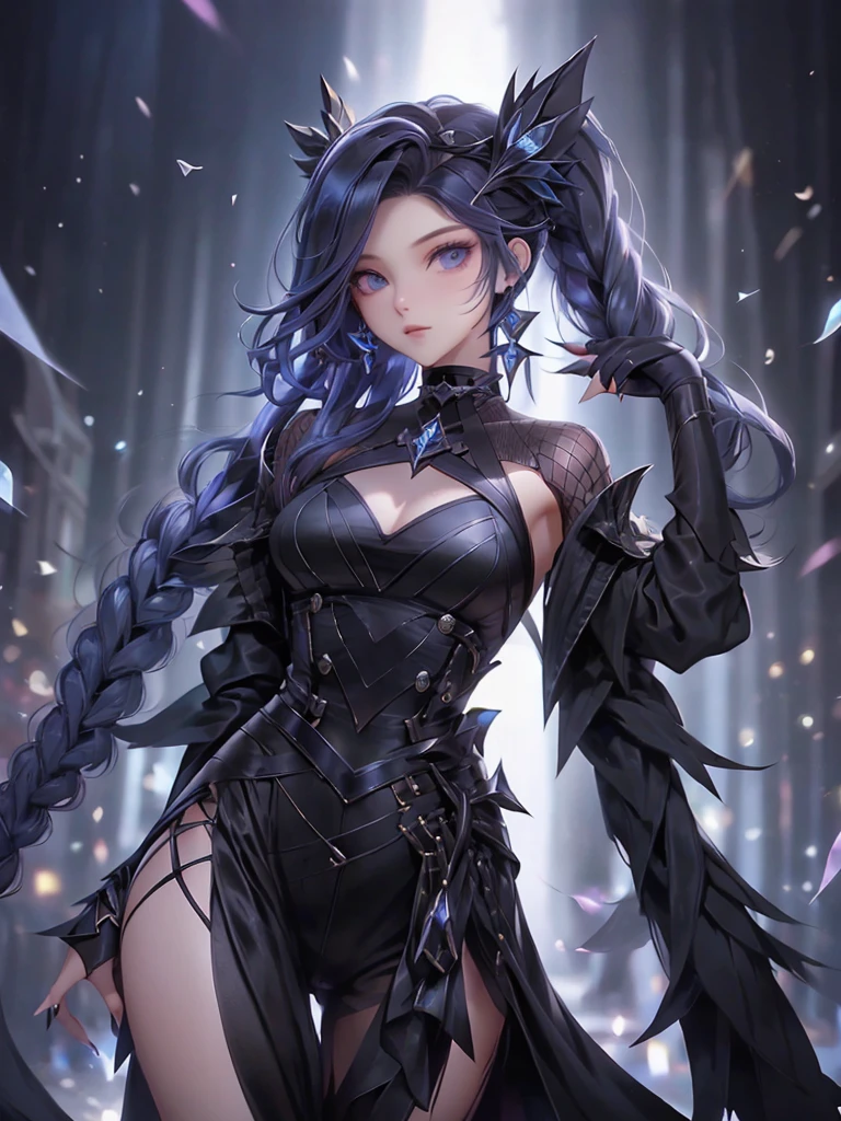 wearing a black elegant hat、Rune background、black magician、Wearing a black robe、mesmerize、cute woman、Elegant hairstyle、indigo hair color、Slightly shorter hair、blue eyes、look at the viewer、masterpiece、Best image、