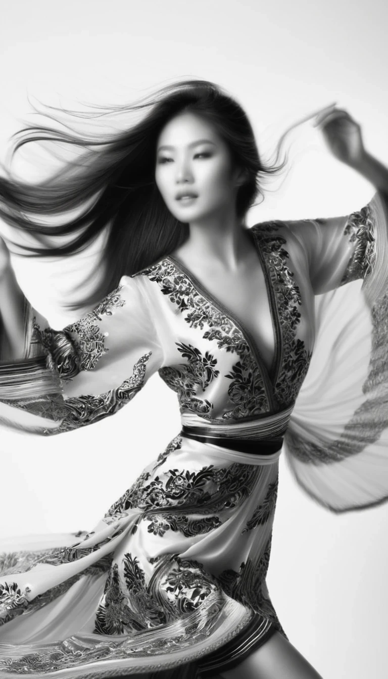 Motion bluMotion blur, black and white close up, white background, (a beautiful girl in an intricate and colorful Chinese dress is passionately beating a Chinese drum), translucent dormant air particles on the hem of the dress, professional fashion photography, super macro, unusually much long wavy hair flying wildly, super detailed textures, tilted shifts of the hands and the face, poster style, minimalist, nikon, Hasselblad, canon, fujifilm, 16K