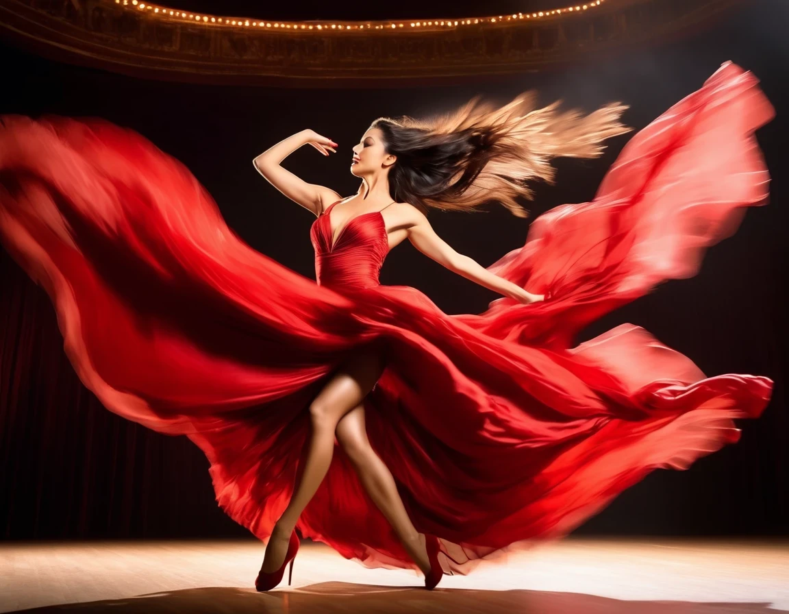 Motion blur portrait, full body portrait, low speed photography, (a tango beauty on a theater stage), beautiful face, crazy tango dance pose, long flying hair, she struggles to get out of her red lingerie with only a piece of cloth adorning her in her natural state, red lips, beautiful high heels,...
Shot from an elevated perspective, shot in a low key, realistic, hyper-realistic style,