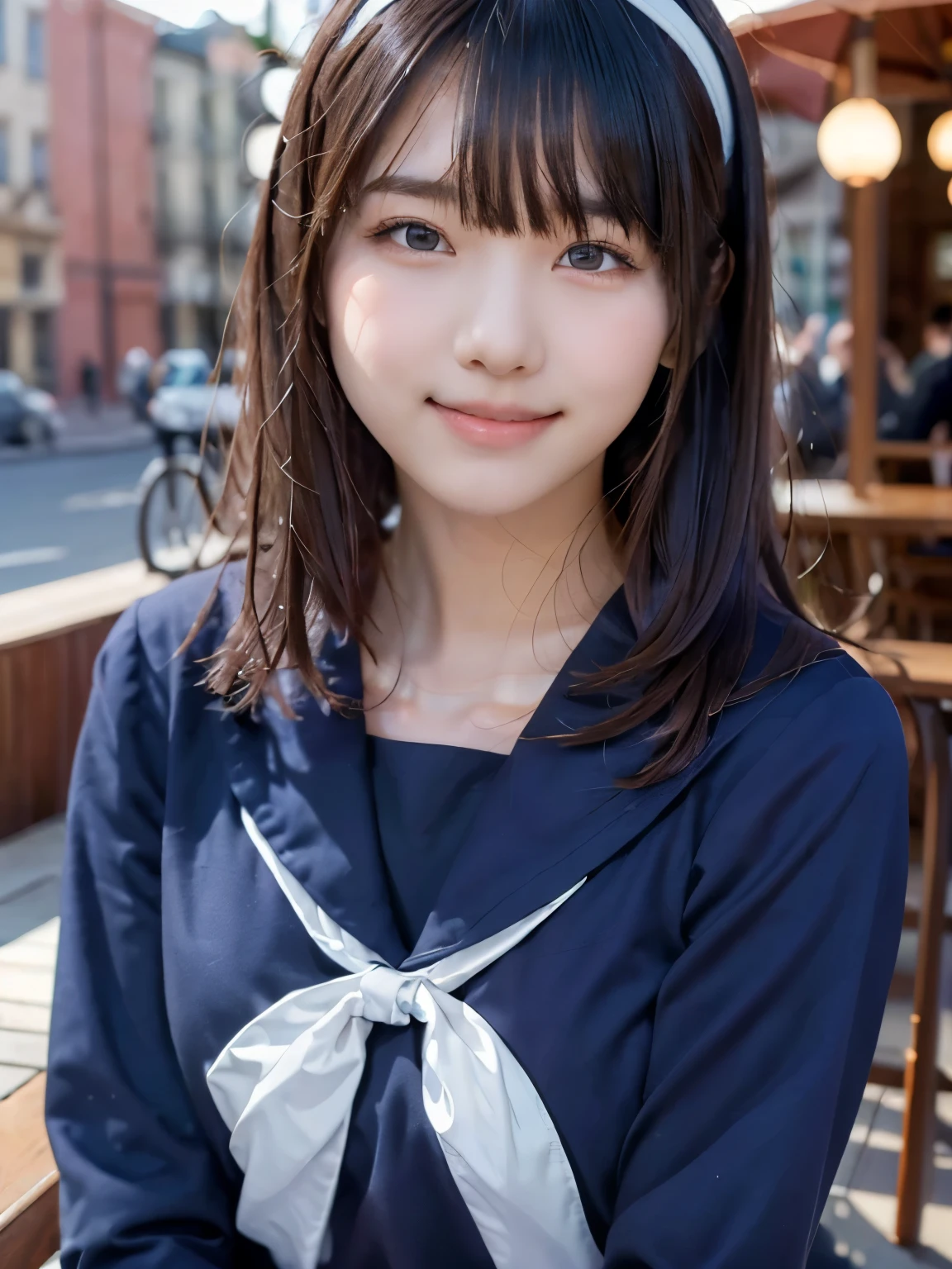 sailor uniform, One Woman, (Beautiful woman, delicate :1.3), Black Hair, Bobcut, Bangs, (8K), (highest quality: 1.2), (Realistic), (Realistic: 1.37), (masterpiece), (Ultra-high resolution), (Raw photo), (Absolute Resolution), (((face is small compared to body: 1.4))), (((Small face:１.4))), balanced face, (Small Mouth: 1.4), ((Slim female body: 1.4)), Black Hair, (((All navy blue long sleeve セーラー服))), Realistic女子高生, (((White headband))), Small breasts, Slanted Eyes, light blue eyes, (Cafe on the open terrace), Open your mouth, smile, Blurred, Bust Shot,