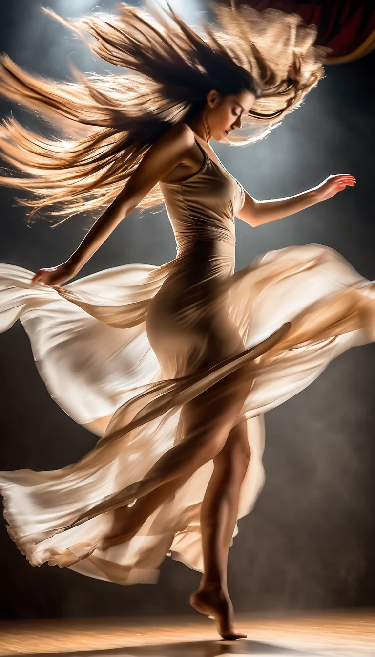 Motion blur portrait, full body portrait, low speed photography of a beautiful woman dancing on a theater stage, flying business long hair, she struggles to break free of her undergarments with only a piece of cloth adorning her natural state, photographed in an understated, realistic, hyper-realistic style,Looking up，Bottom-up，