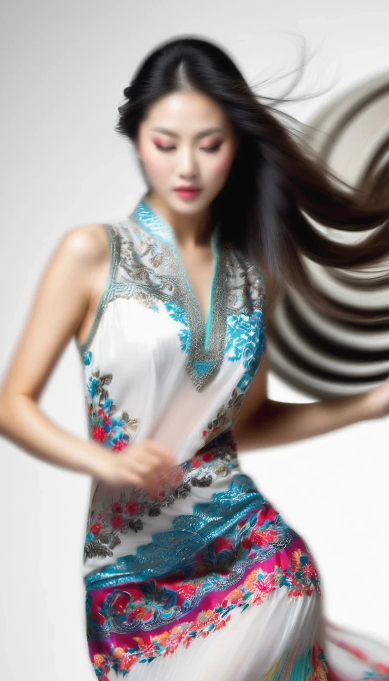 Motion bluMotion blur, black and white close up, white background, (a beautiful girl in an intricate and colorful Chinese dress is passionately beating a Chinese drum), translucent dormant air particles on the hem of the dress, professional fashion photography, super macro, unusually much long wavy hair flying wildly, super detailed textures, tilted shifts of the hands and the face, poster style, minimalist, nikon, Hasselblad, canon, fujifilm, 16K