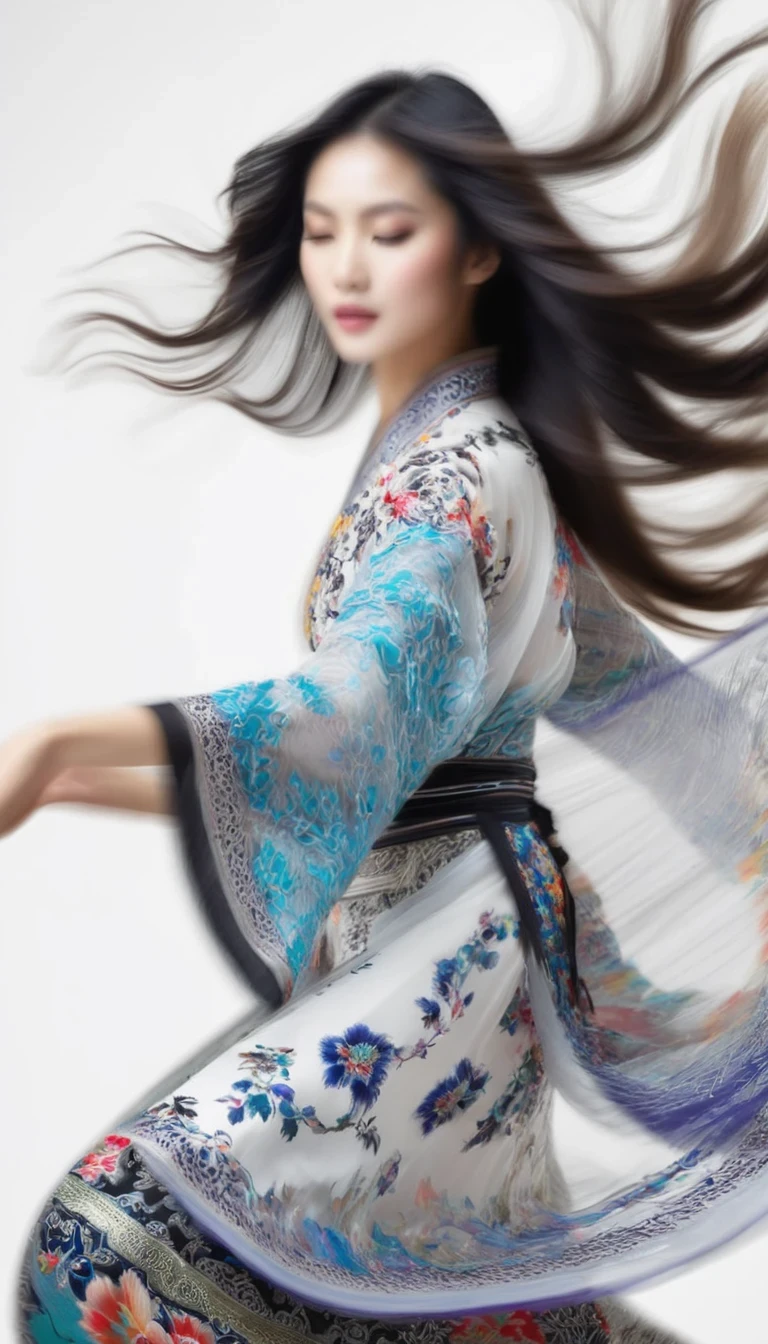 Motion bluMotion blur, black and white close up, white background, (a beautiful girl in an intricate and colorful Chinese dress is passionately beating a Chinese drum), translucent dormant air particles on the hem of the dress, professional fashion photography, super macro, unusually much long wavy hair flying wildly, super detailed textures, tilted shifts of the hands and the face, poster style, minimalist, nikon, Hasselblad, canon, fujifilm, 16K