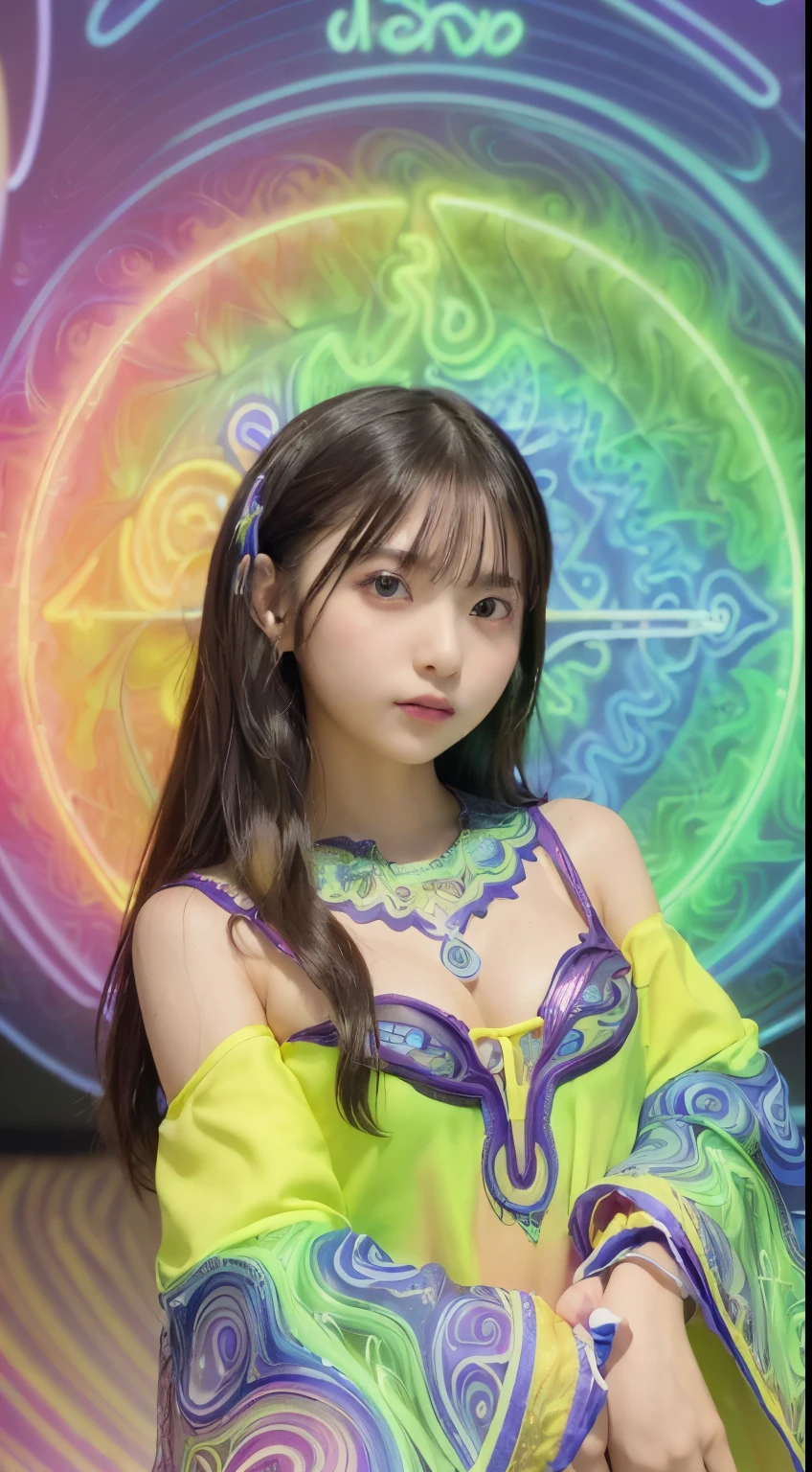 (masterpiece, highest quality, highest quality, Official Art, beautifully、aesthetic:1.2), (One girl:1.3),14 years old, Very detailed,(Fractal Art:1.2),colorful,Most detailed,( Zentangle neon:1.2), (Dynamic pose), (Abstract background neon:1.5), (Traditional Costume:1.2), (Shiny skin), (Many colors:1.4), Upper Body ,neon,16k,Full HD
