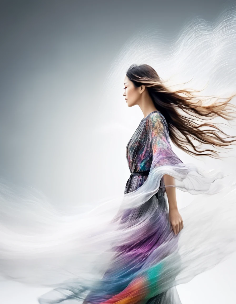 Motion Blur，black and white close up profile view of a woman in a complex colorful dress of misty translucent dormant air particles, on white background, professional fashion photography, super macro,hyper detailed texture of wavy long hair, poster like, japanese minimalism::1, tilt-shift on hands and face, nikon, hasselblad, canon, fujifilm, 8k, 16, 32k,