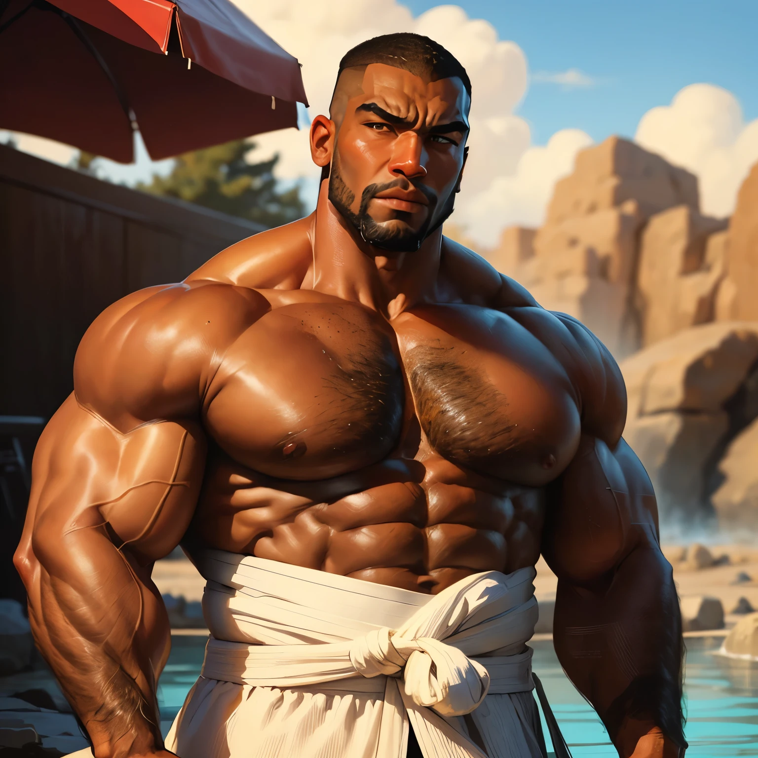 an exaggeratedly muscular and large bodyguard, beefy build, beard, dark-skinned african american male, buzzcut hair with square line, (worried expression: 1.2), (wearing fundoshi: 1.2), (bara pecs: 1.3), (arm and chest hair: 1.1), close-up portrait HD, (cowboy angle), (hot spring)