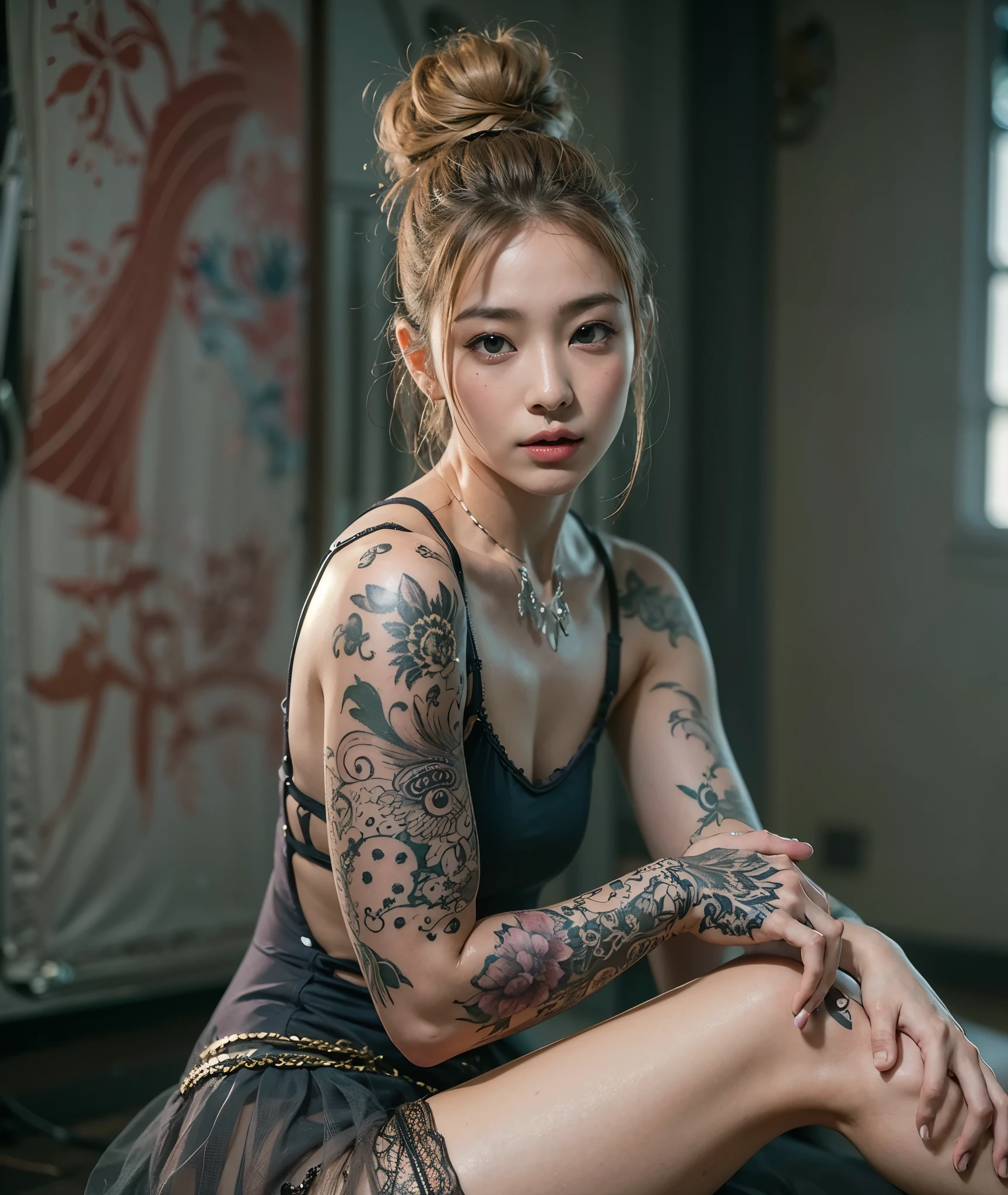 (Realistic,photoRealistic:1.37), Detailed skin texture, Automatic rifle, Tattoo, scratch, Smoke Grenade, (highest quality,4K,8k,High resolution,masterpiece:1.2), Very detailedな, Portraiture, Vibrant colors, Studio Lighting、highest quality,photoRealistic:1.37,Realistic,High resolution,Very detailed,Fine skin、体中にTattoo、A beautiful Japanese female ballet dancer is sitting on the floor in the practice room、Wearing a ballet leotard、25Year