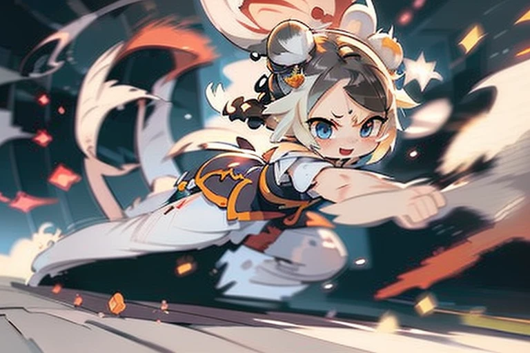 #quality(8k wallpaper of extremely detailed CG unit, ​masterpiece, hight resolution, top-quality, top-quality real texture skin,hyper realisitic, digitial painting,increase the resolution,RAW photosbest qualtiy,highly detailed,the wallpaper),solo,a china girl is fighting by kung-fu,#1girl(chibi,cute, kawaii,,hair floating,messy hair,dark hair,two bun,messy hair,hair,skin color white,eye color dark,eyes shining,big eyes,breast,smile,dynamic action,dynamic pose,dynamic angle,sweat,full body,pyrokinesis from hands), BREAK ,#arms and regs(motion blur:1.8),#background(chinese temple,),(when drawing the hand please draw them very correctly for sure),[nsfw]each hand five fingers