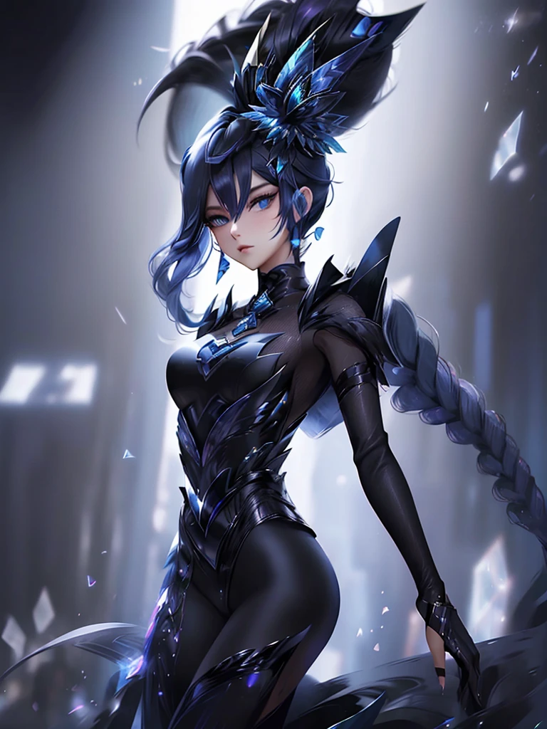wearing a black elegant hat、Rune background、black magician、Wearing a black robe、mesmerize、cute woman、Elegant hairstyle、indigo hair color、Slightly shorter hair、blue eyes、look at the viewer、masterpiece、Best image、