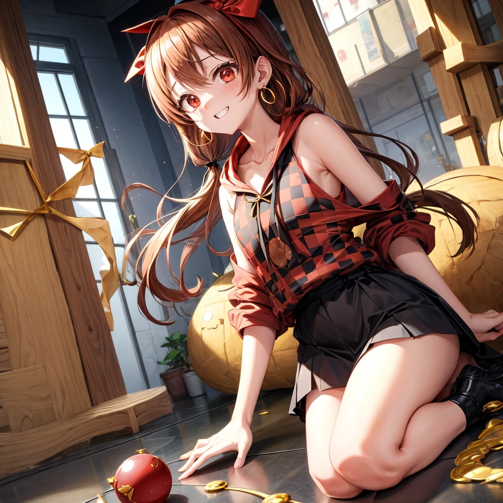 Brown, red, gold, golden hair、Red eyes、One good looking girl、solo、anime、Checkered mini skirt、Black camisole、Black T-shirt、hoodie、Wearing a ribbon、Ribbon on waist、Crystal Earrings、treasure石のネックレス、Light and shadow、Tilting face、Teeth are visible、Marble pillar、The floor is reflecting、Kind Face、Kuroko、treasure、wearing goggles on head