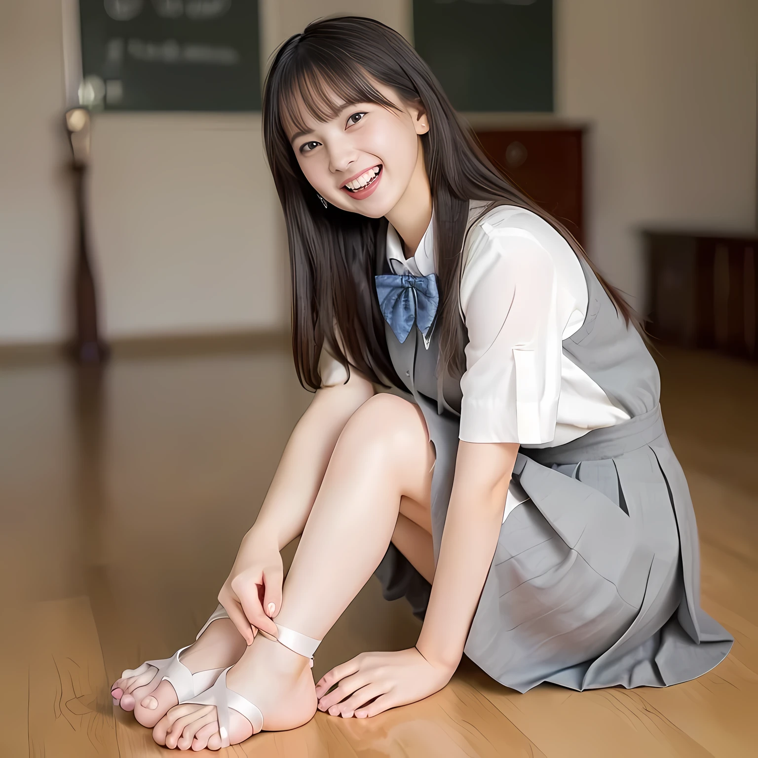(highest quality、masterpiece:1.2)、highest quality、Realistic、photograph、High resolution、1080p、8K、Fair skin, especially face, Physical Rendering、((Height: 155cm)), one Japanese girl、(((((( beautiful Japanese fashion model)))))), school summer uniform, (((Beautiful girl in the back room))), (((big very detailed beautiful dark brown eyes))), ((((impressive plain blue girly large school ribbon bow tie)))), ((((black very beautiful and very very long braids)))), ((((cute gray box-pleated skirt)))), ((A gray school vest)), ((ivory blouse with puffed short sleeves)), (((((((laughing at me!))))))), Mouth open, detailed fingers, ((curled bangs)), ((Very large and very very very cute eyes of a Japanese girl, drawn with great care and attention to detail.)), double eyelids, Thin eyebrows, ((drooping eyes)), (((very long eyelashes))), ((cute lovely lovely laughing laughing cheeks)), ((Pure white light hits her face from above and in the front, making her skin and eyes shine beautifully.)), ((Strong light hits the nose and cheeks、It brings out the richness of the expression.)), (((((Her facial features are very expressive lovely smile, very very pure, very very intelligent.))))), ((stretching one's legs out on the bed)), (((((barefoot))))), (((Shooting from the side))), ((((Shooting up to the toes of the feet))))