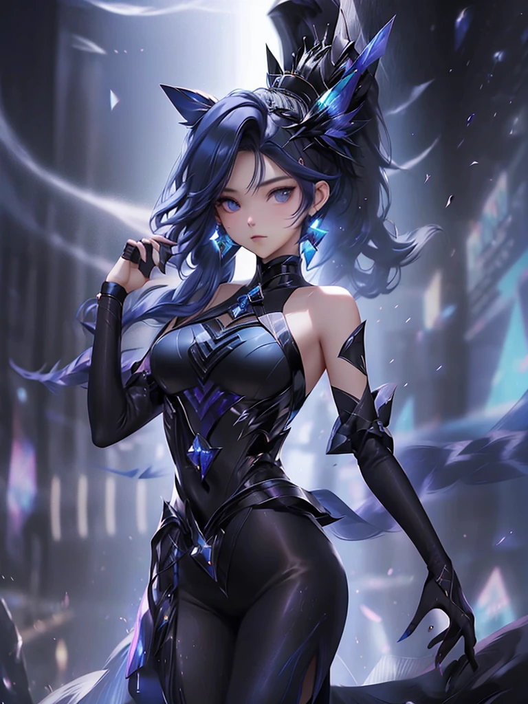 ****************、wearing a black elegant hat、Rune background、black magician、Wearing a black robe、mesmerize、cute woman、Elegant hairstyle、indigo hair color、Slightly shorter hair、blue eyes、look at the viewer、masterpiece、Best image、