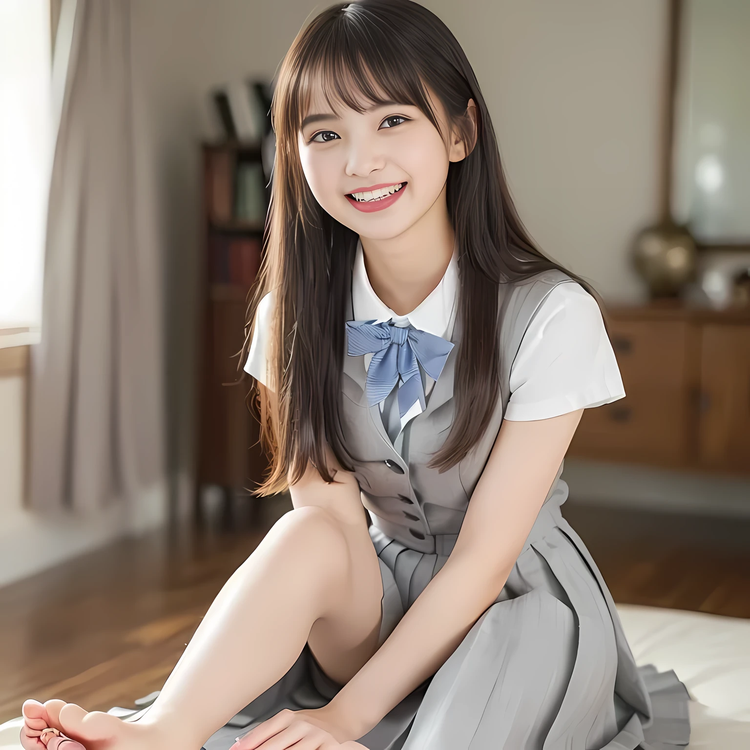 (highest quality、masterpiece:1.2)、highest quality、Realistic、photograph、High resolution、1080p、8K、Fair skin, especially face, Physical Rendering、((Height: 155cm)), one Japanese girl、(((((( beautiful Japanese fashion model)))))), school summer uniform, (((Beautiful girl in the back room))), (((big very detailed beautiful dark brown eyes))), ((((impressive plain blue girly large school ribbon bow tie)))), ((((black very beautiful and very very long braids)))), ((((cute gray box-pleated skirt)))), ((A gray school vest)), ((ivory blouse with puffed short sleeves)), (((((((laughing at me!))))))), Mouth open, detailed fingers, ((curled bangs)), ((Very large and very very very cute eyes of a Japanese girl, drawn with great care and attention to detail.)), double eyelids, Thin eyebrows, ((drooping eyes)), (((very long eyelashes))), ((cute lovely lovely laughing laughing cheeks)), ((Pure white light hits her face from above and in the front, making her skin and eyes shine beautifully.)), ((Strong light hits the nose and cheeks、It brings out the richness of the expression.)), (((((Her facial features are very expressive lovely smile, very very pure, very very intelligent.))))), ((stretching one&#39;s legs out on the bed)), (((((barefoot))))), (((Shooting from the side))), ((((Shooting up to the toes of the feet))))