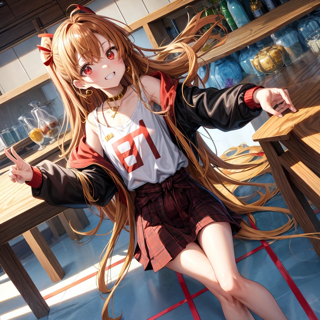 Brown, red, gold, golden hair、Red eyes、One good looking girl、solo、anime、Checkered mini skirt、Black camisole、Black T-shirt、hoodie、Wearing a ribbon、Ribbon on waist、Crystal Earrings、treasure石のネックレス、Light and shadow、Tilting face、Teeth are visible、Marble pillar、The floor is reflecting、Kind Face、Kuroko、treasure、wearing goggles on head