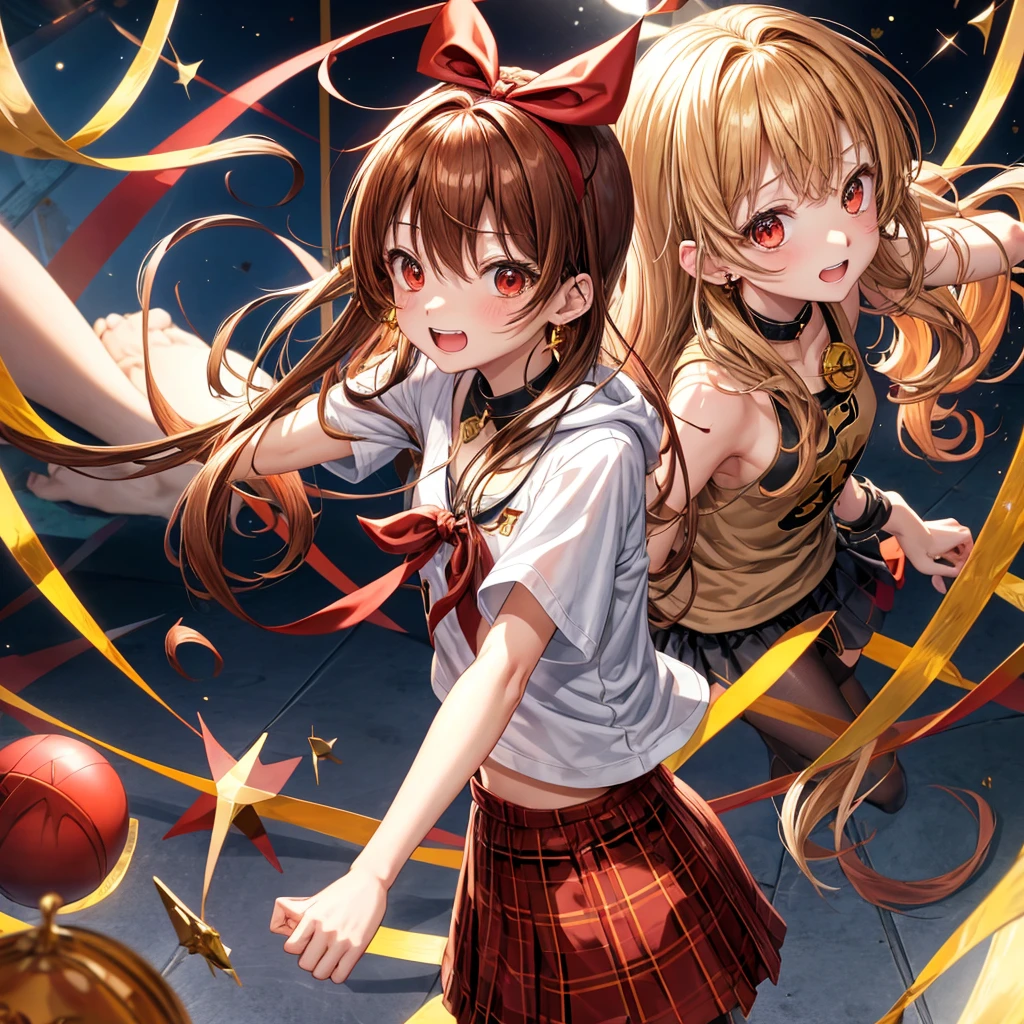 Brown, red, gold, golden hair、Red eyes、One good looking girl、solo、anime、Checkered mini skirt、Black camisole、Black T-shirt、hoodie、Wearing a ribbon、Ribbon on waist、Crystal Earrings、treasure石のネックレス、Light and shadow、Tilting face、Teeth are visible、Marble pillar、The floor is reflecting、Kind Face、Kuroko、treasure、wearing goggles on head