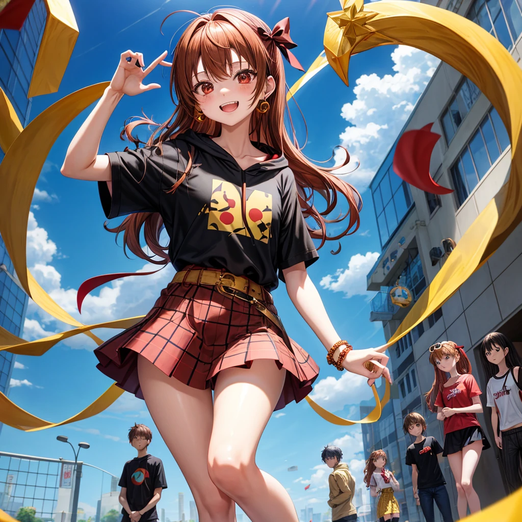 Brown, red, gold, golden hair、Red eyes、One good looking girl、solo、anime、Checkered mini skirt、Black camisole、Black T-shirt、hoodie、Wearing a ribbon、Ribbon on waist、Crystal Earrings、treasure石のネックレス、Light and shadow、Tilting face、Teeth are visible、Marble pillar、The floor is reflecting、Kind Face、Kuroko、treasure、wearing goggles on head