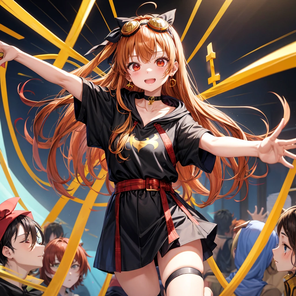 Brown, red, gold, golden hair、Red eyes、One good looking girl、solo、anime、Checkered mini skirt、Black camisole、Black T-shirt、hoodie、Wearing a ribbon、Ribbon on waist、Crystal Earrings、treasure石のネックレス、Light and shadow、Tilting face、Teeth are visible、Marble pillar、The floor is reflecting、Kind Face、Kuroko、treasure、wearing goggles on head