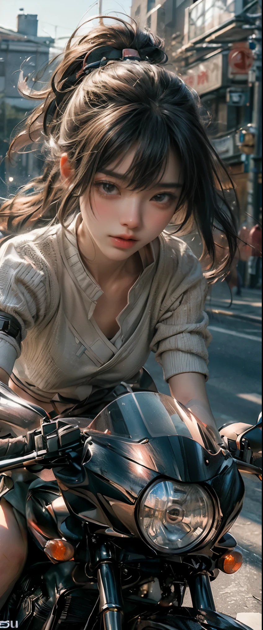 ((Masterpiece, Top Quality, High Resolution, Photorealistic, Raw, 8K)), Close-up of Japanese high school girl on motorcycle, dynamic composition, speedy, Motion Blur, Blurred Background, 