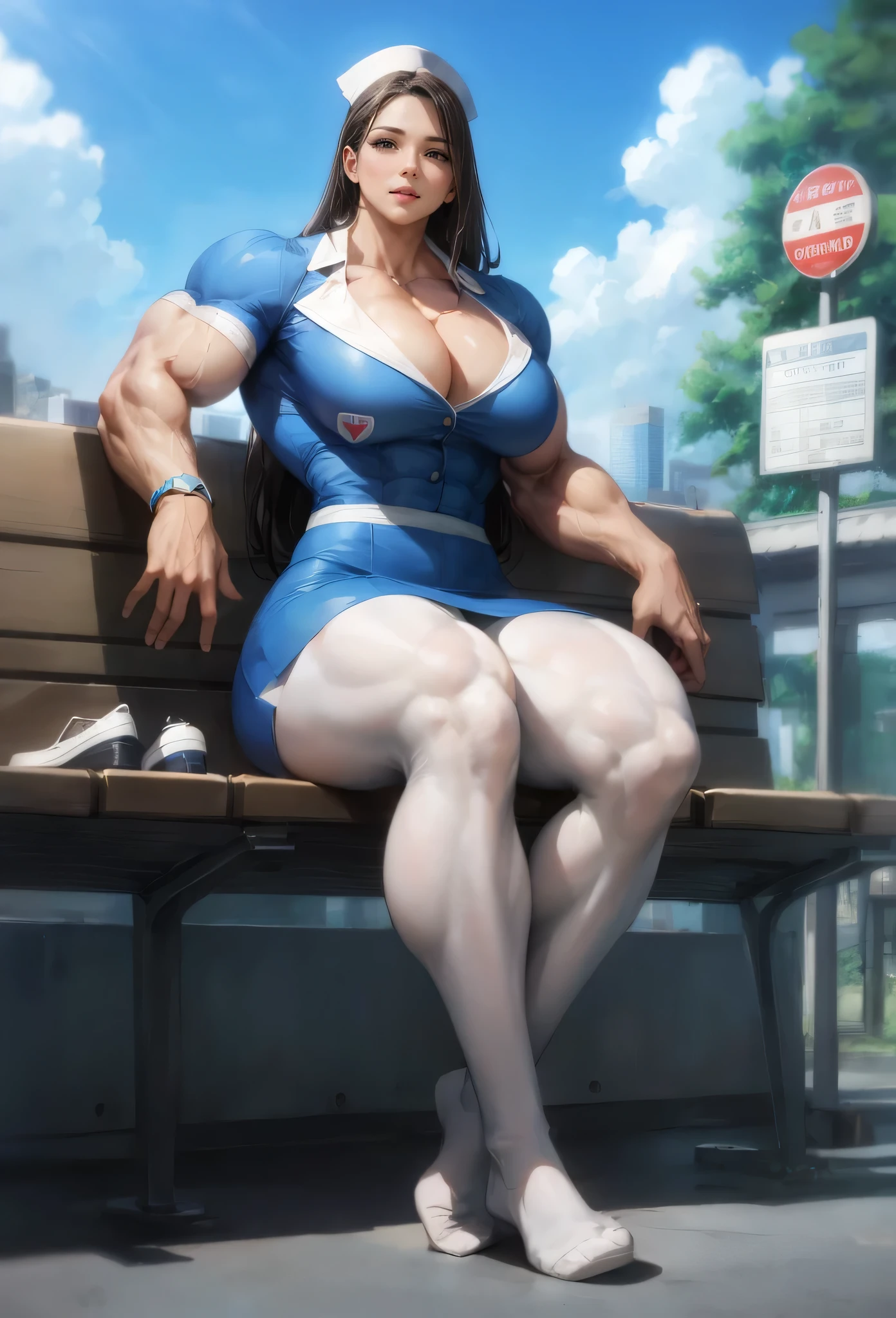 girl,beautiful face,, muscular female, alternate muscle size,embarrassing,nurse,muscular ,biceps,white pantyhose,muscular thighs,bus stop