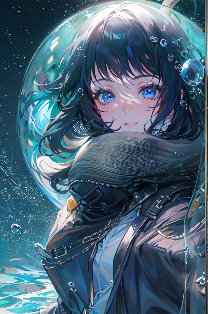((top-quality)), ((masterpiece)), ((ultra-detailliert)), (extremely delicate and beautiful), girl with, solo, cold attitude,((Black jacket)),She is very(relax)with the(Settled down)Looks,A dark-haired, depth of fields,evil smile,Bubble, under the water, Air bubble,Bright light blue eyes,Inner color with black hair and bright light blue tips,Cold background,Bob Hair