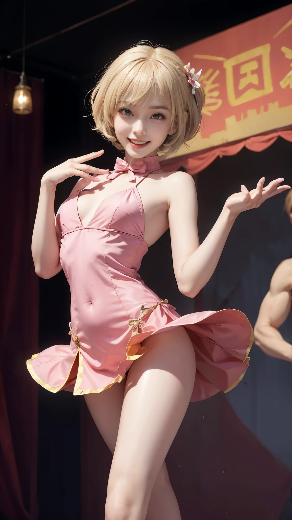girl, Goblins, Pink Chinese Dress, smile of joy,beautiful and moving,smile,(Hips),Do a dynamic dance、Thin arms、Narrow waist、Slender upper body、Thin thighs、Slim lower body、Cowboy Shot、short hair、blonde、1 comb'hair、Tropical sandy beaches、めまいのするsmile、A bow tie、High heels