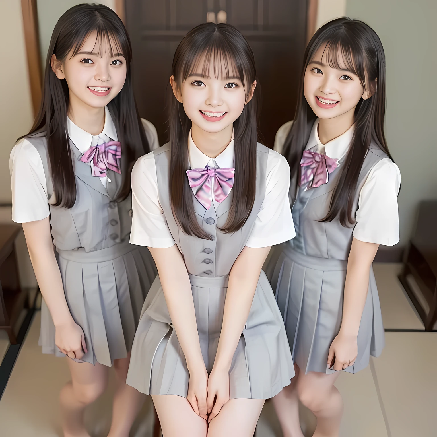 (highest quality、masterpiece:1.2)、highest quality、Realistic、photograph、High resolution、1080p、8K、Fair skin, especially face, Physical Rendering、((Height: 155cm)), one Japanese girl、((((((15 year old beautiful Japanese fashion model)))))), school summer uniform, (((Beautiful girl in the back room))), (((big very detailed beautiful dark brown eyes))), ((((impressive plain blue girly large school ribbon bow tie)))), ((((black very beautiful and very very long braids)))), ((((cute gray box-pleated skirt)))), ((A gray school vest)), ((ivory blouse with puffed short sleeves)), (((((((laughing at me!))))))), Mouth open, detailed fingers, ((curled bangs)), ((Very large and very very very cute eyes of a Japanese girl, drawn with great care and attention to detail.)), double eyelids, Thin eyebrows, ((drooping eyes)), (((very long eyelashes))), ((cute lovely lovely laughing laughing cheeks)), ((Pure white light hits her face from above and in the front, making her skin and eyes shine beautifully.)), ((Strong light hits the nose and cheeks、It brings out the richness of the expression.)), (((((Her facial features are very expressive lovely smile, very very pure, very very intelligent.))))), ((stretching one&#39;s legs out on the bed)), (((((barefoot))))), (((Shooting from the side))), ((((Shooting up to the toes of the feet))))