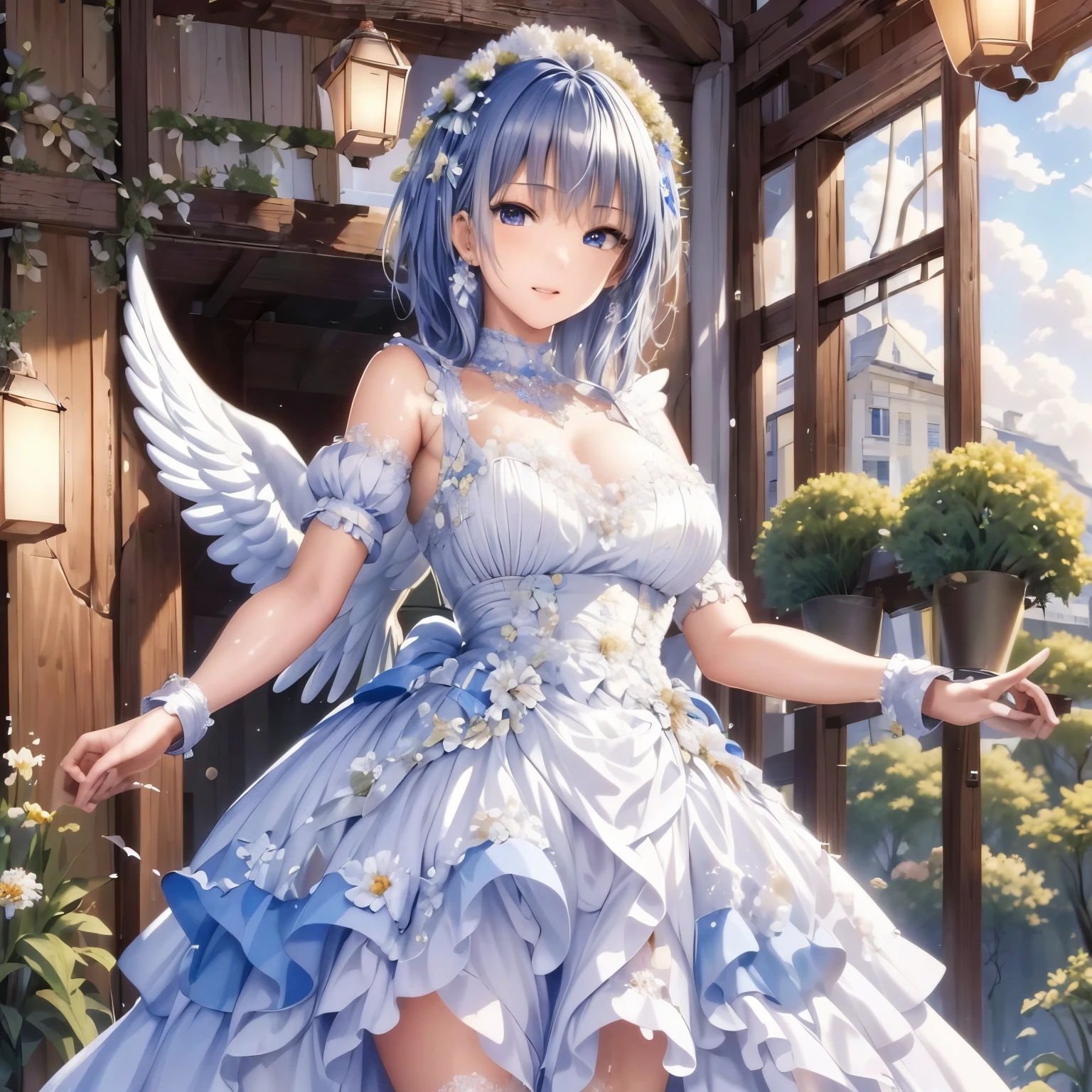 (masterpiece, highest quality, High resolution: 1.4), detailed, intricate detaileds, Beautiful girls, Angel big wings, Flower Hair Ornaments, Overhead glow, Light, garden, kind, Misha, glitter, bouquet, 4K, color splash, line art, art, Fibonacci,Light blue-violet hair,Golden Eyes
