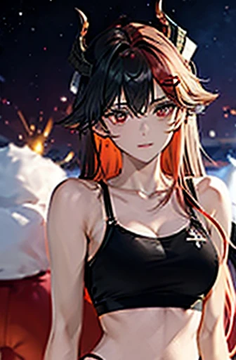 two-tone hair, black hair, red hair, red eyes, horns, very long hair, fluffy hair, disheveled hair, x hair ornament, space BREAK upper body, dark sports bra 